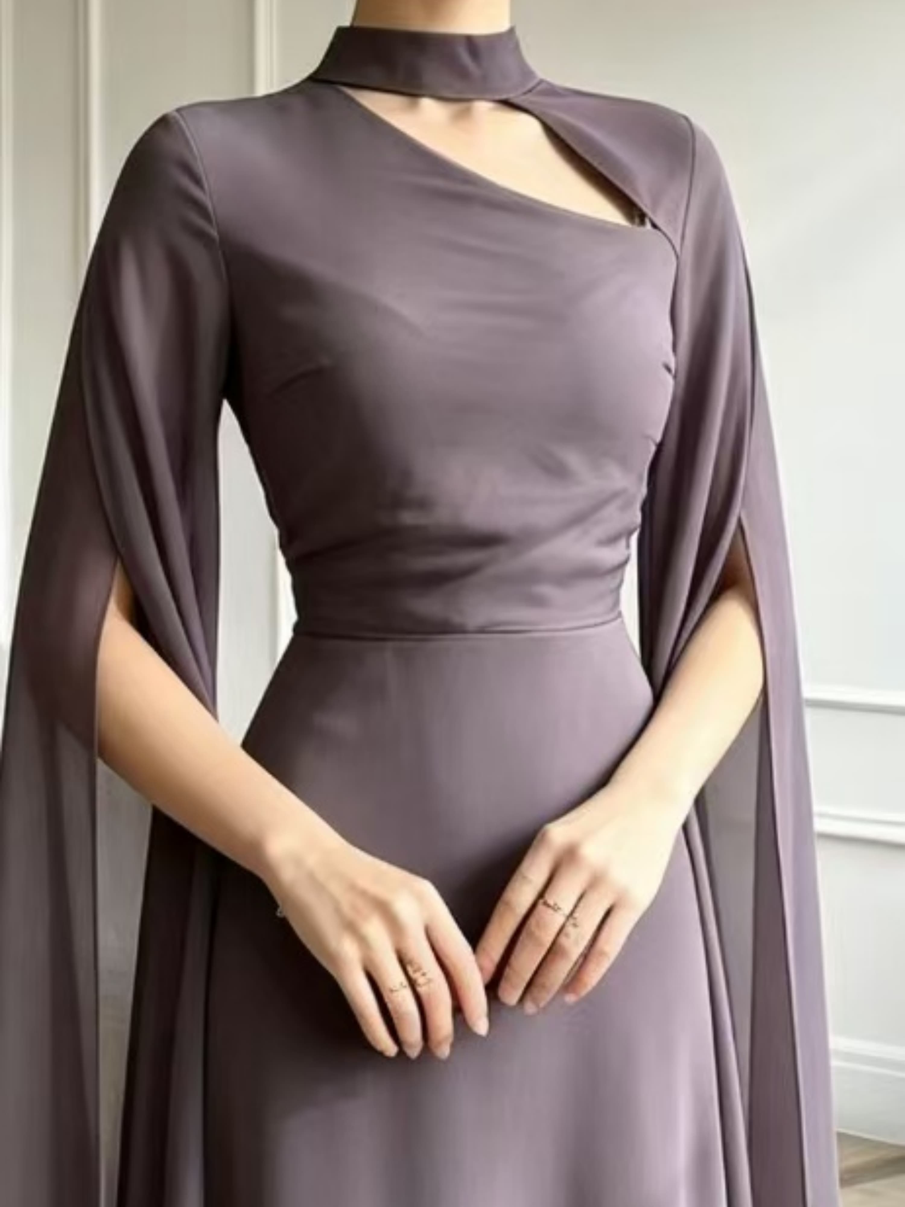 Purple A-Line Maxi Dress with Cape Sleeves