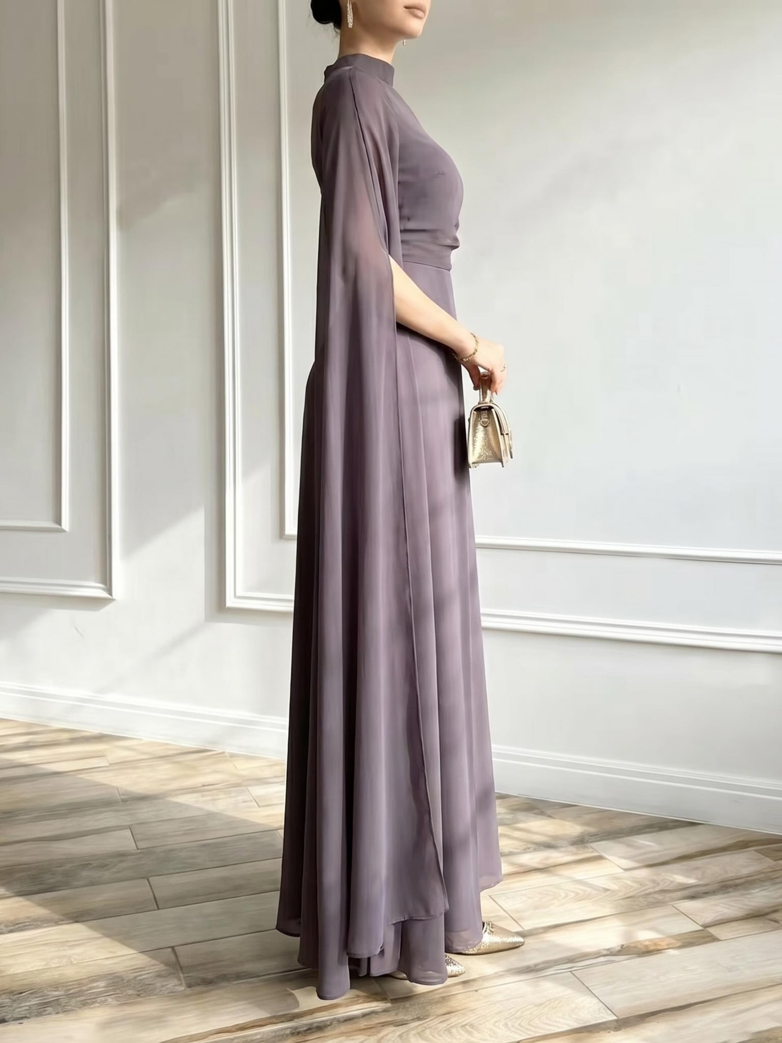 Purple A-Line Maxi Dress with Cape Sleeves
