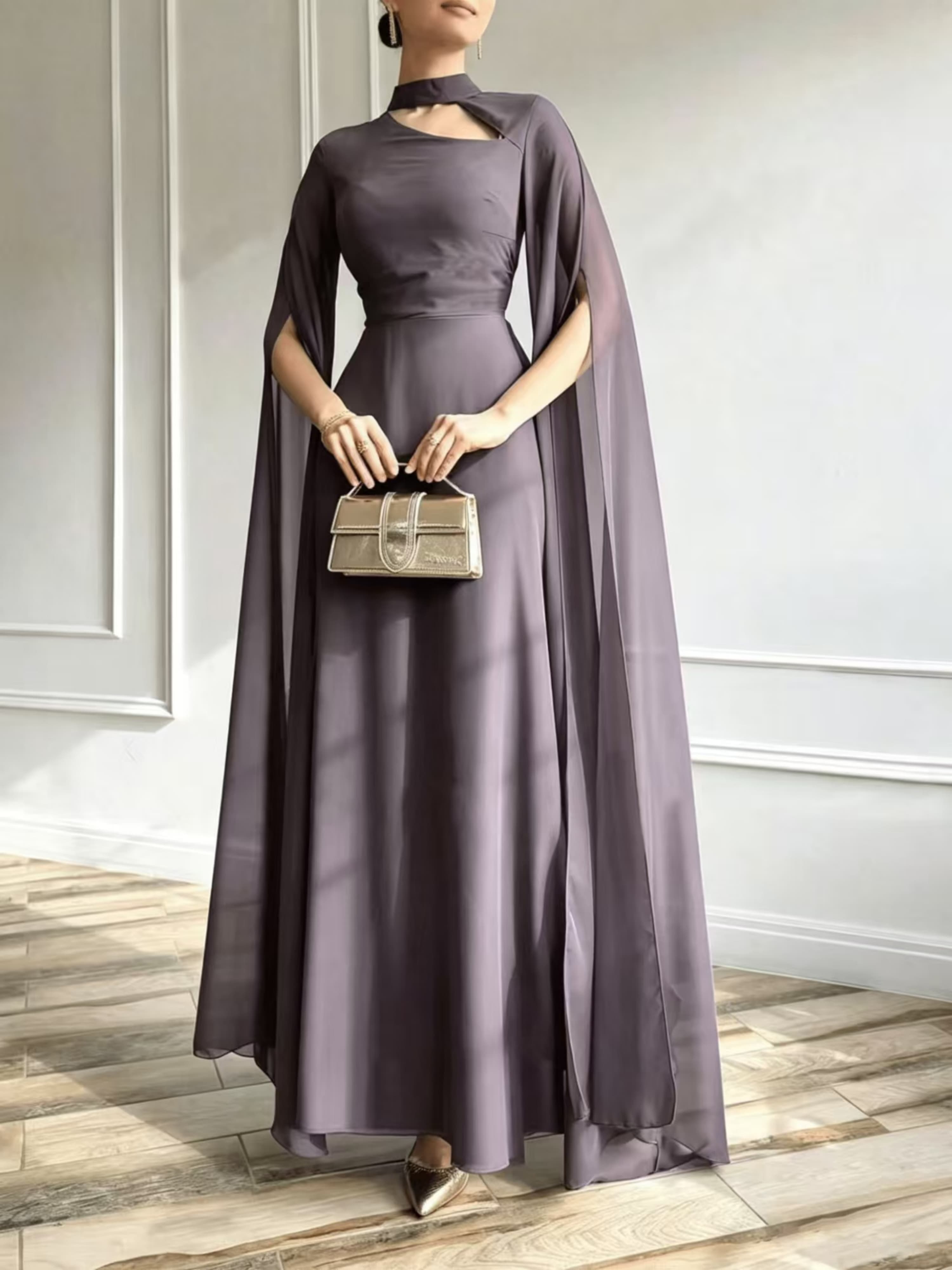 Purple A-Line Maxi Dress with Cape Sleeves