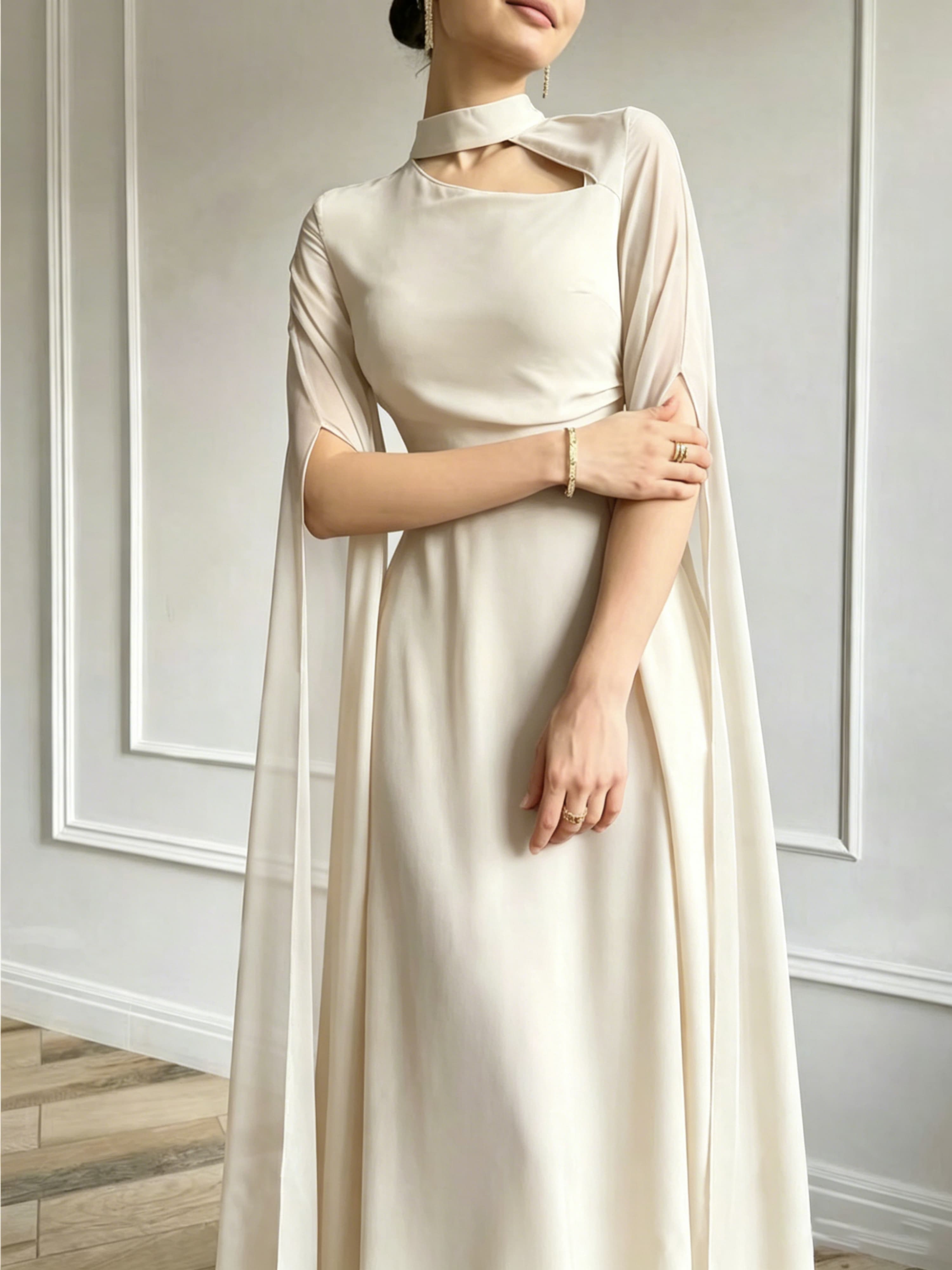 Beige A-Line Maxi Dress with Cape Sleeves