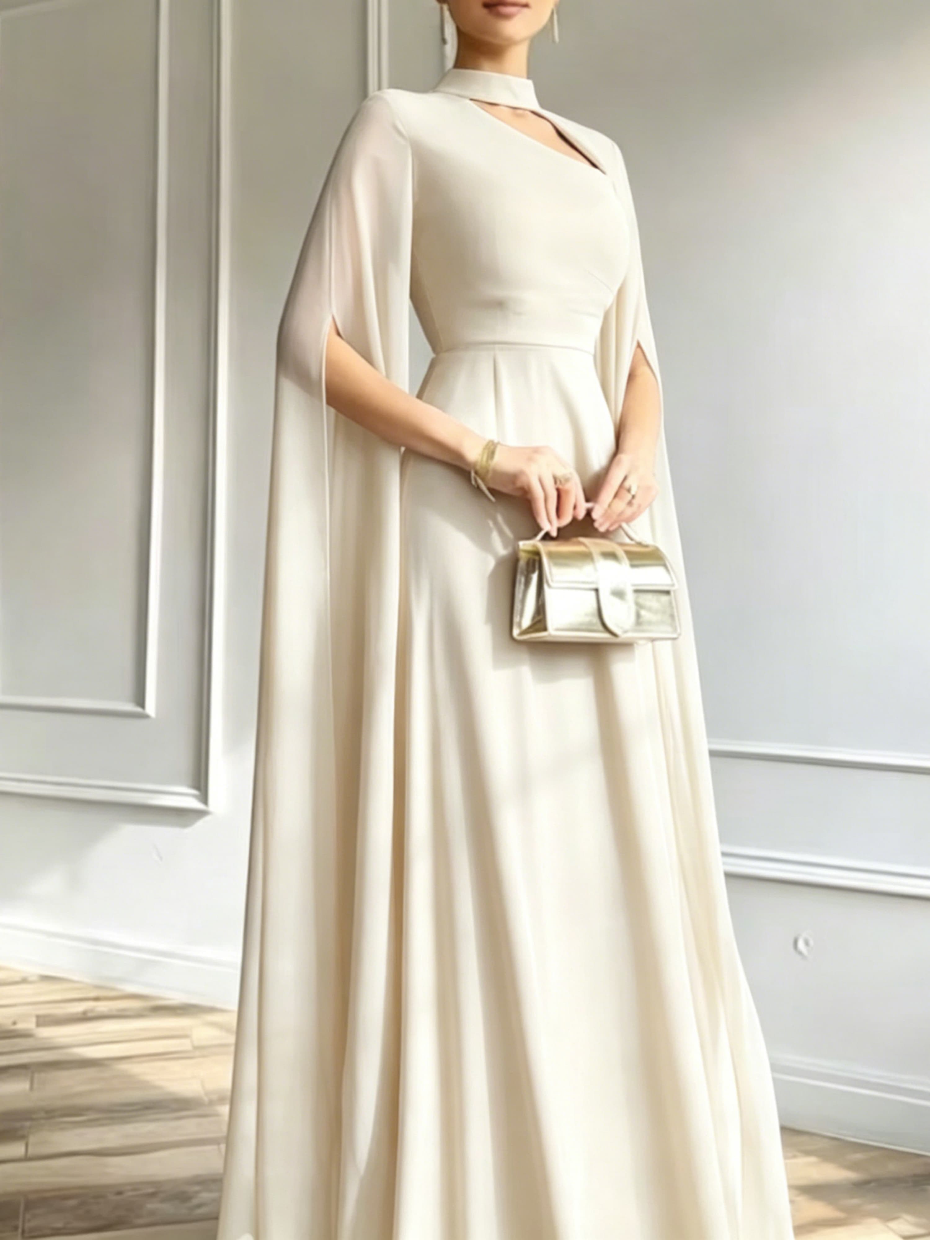 Beige A-Line Maxi Dress with Cape Sleeves
