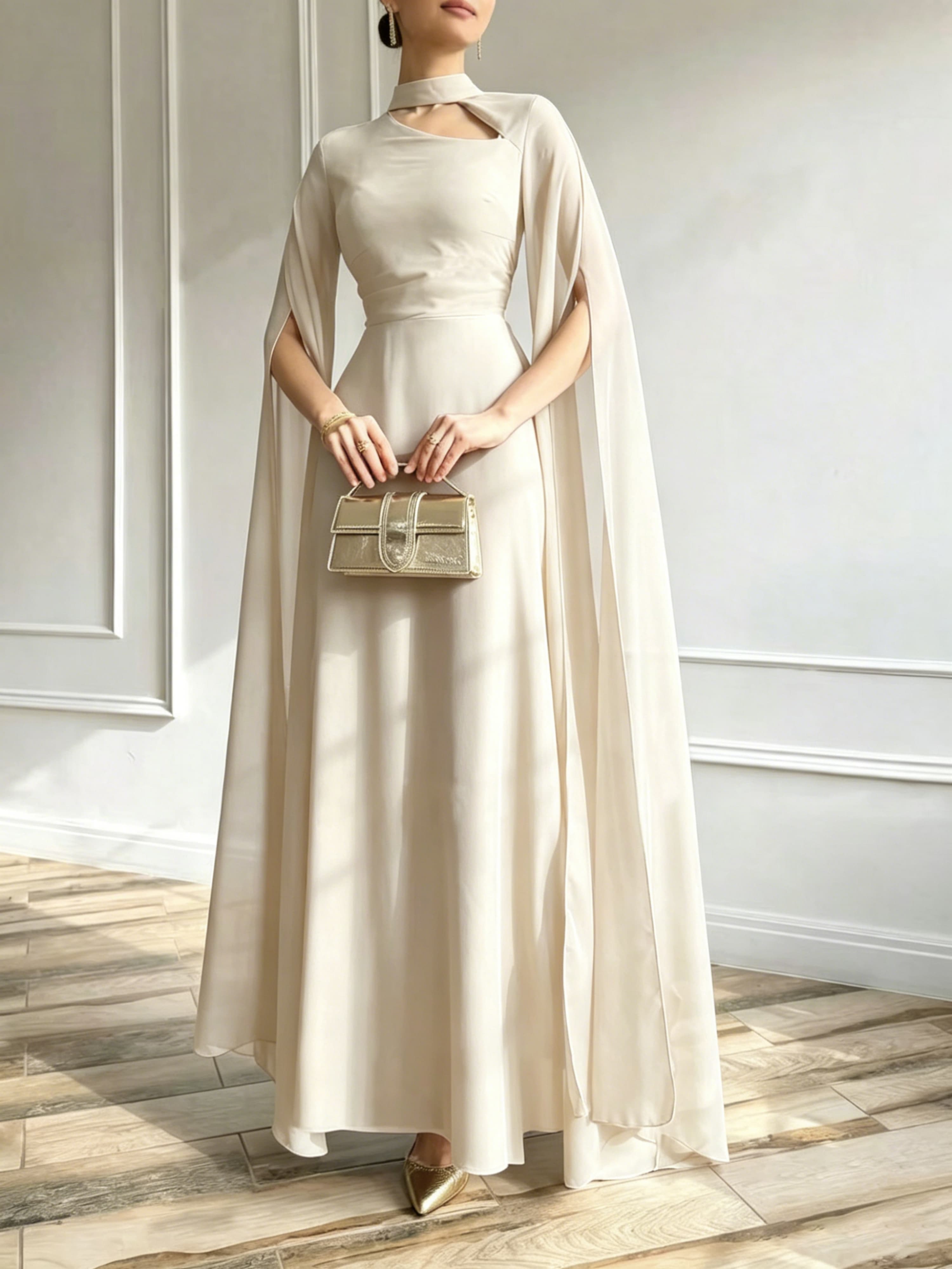 Beige A-Line Maxi Dress with Cape Sleeves