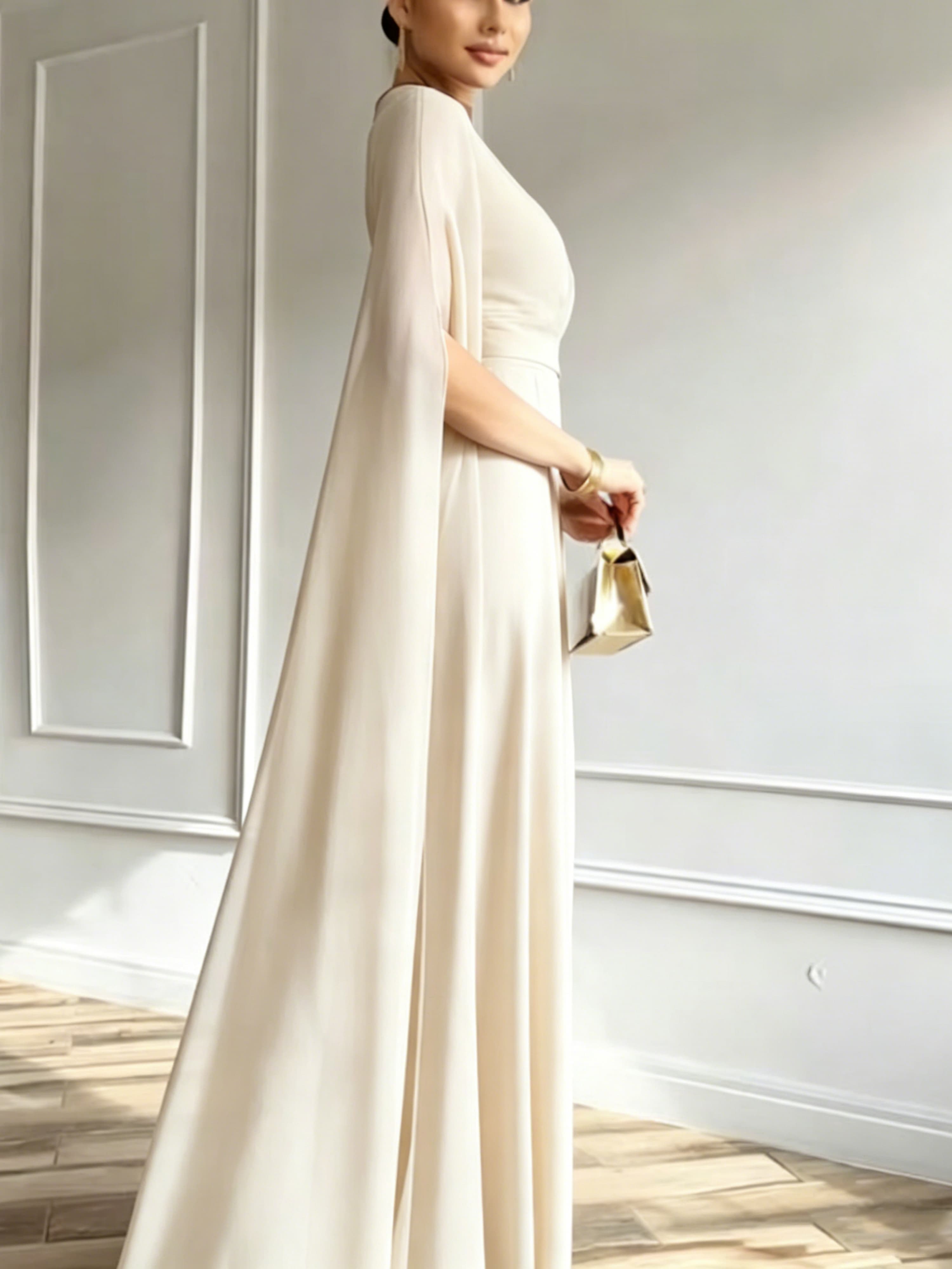 Beige A-Line Maxi Dress with Cape Sleeves