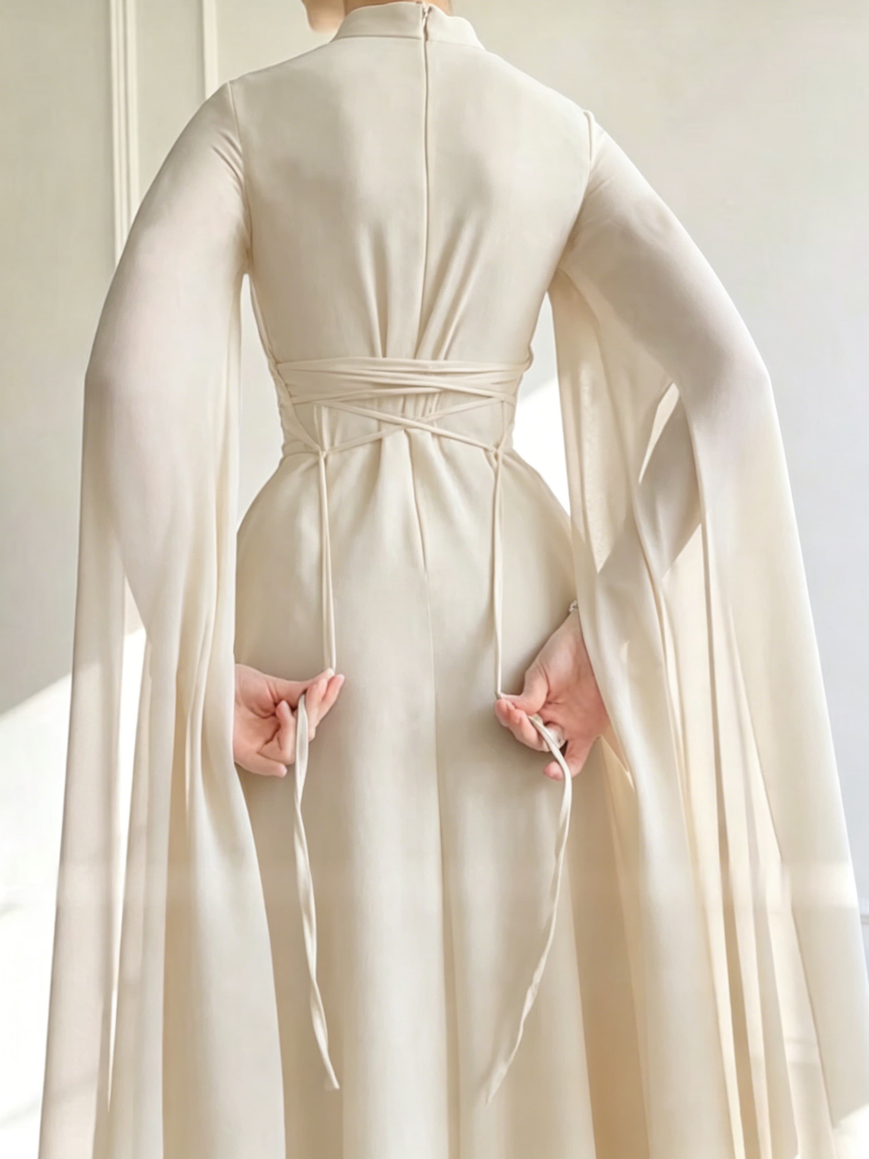Beige A-Line Maxi Dress with Cape Sleeves