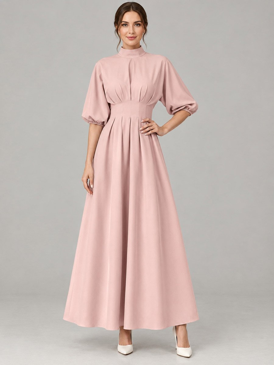 Light Pink A-Line Maxi Dress with Puff Sleeves