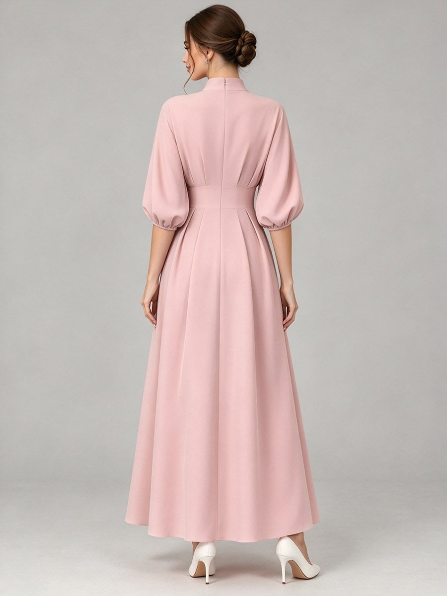 Light Pink A-Line Maxi Dress with Puff Sleeves