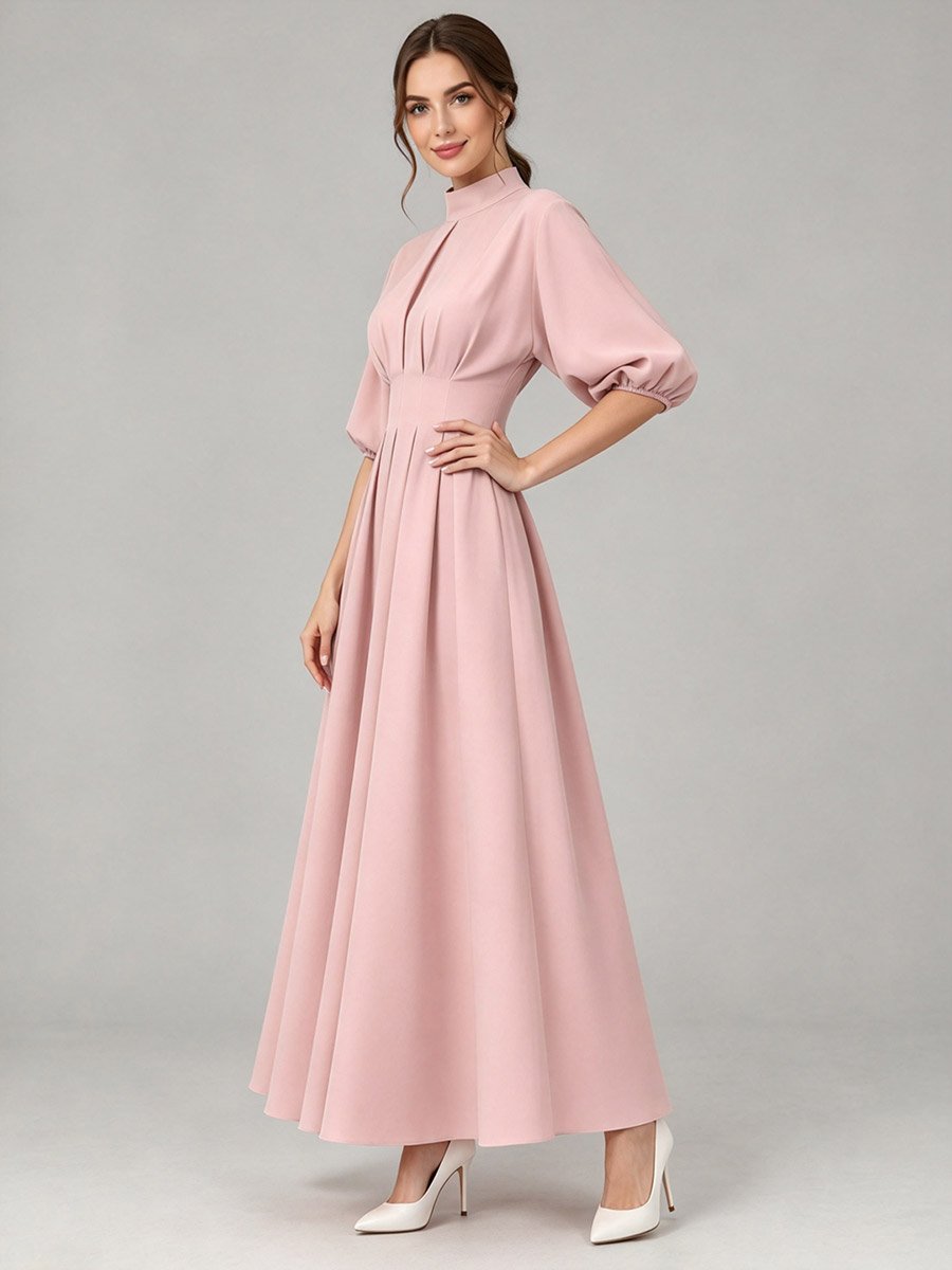 Light Pink A-Line Maxi Dress with Puff Sleeves