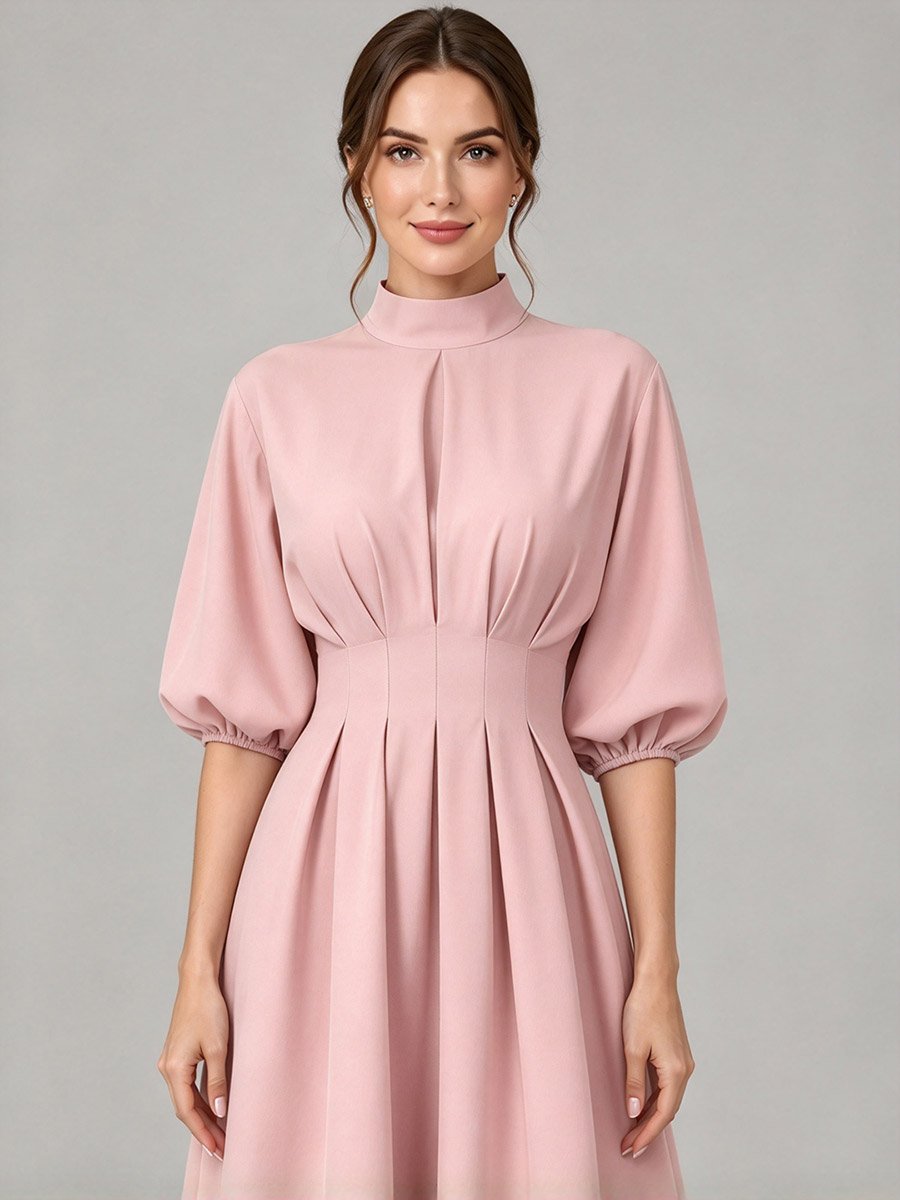 Light Pink A-Line Maxi Dress with Puff Sleeves