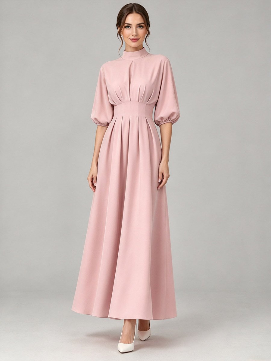 Light Pink A-Line Maxi Dress with Puff Sleeves