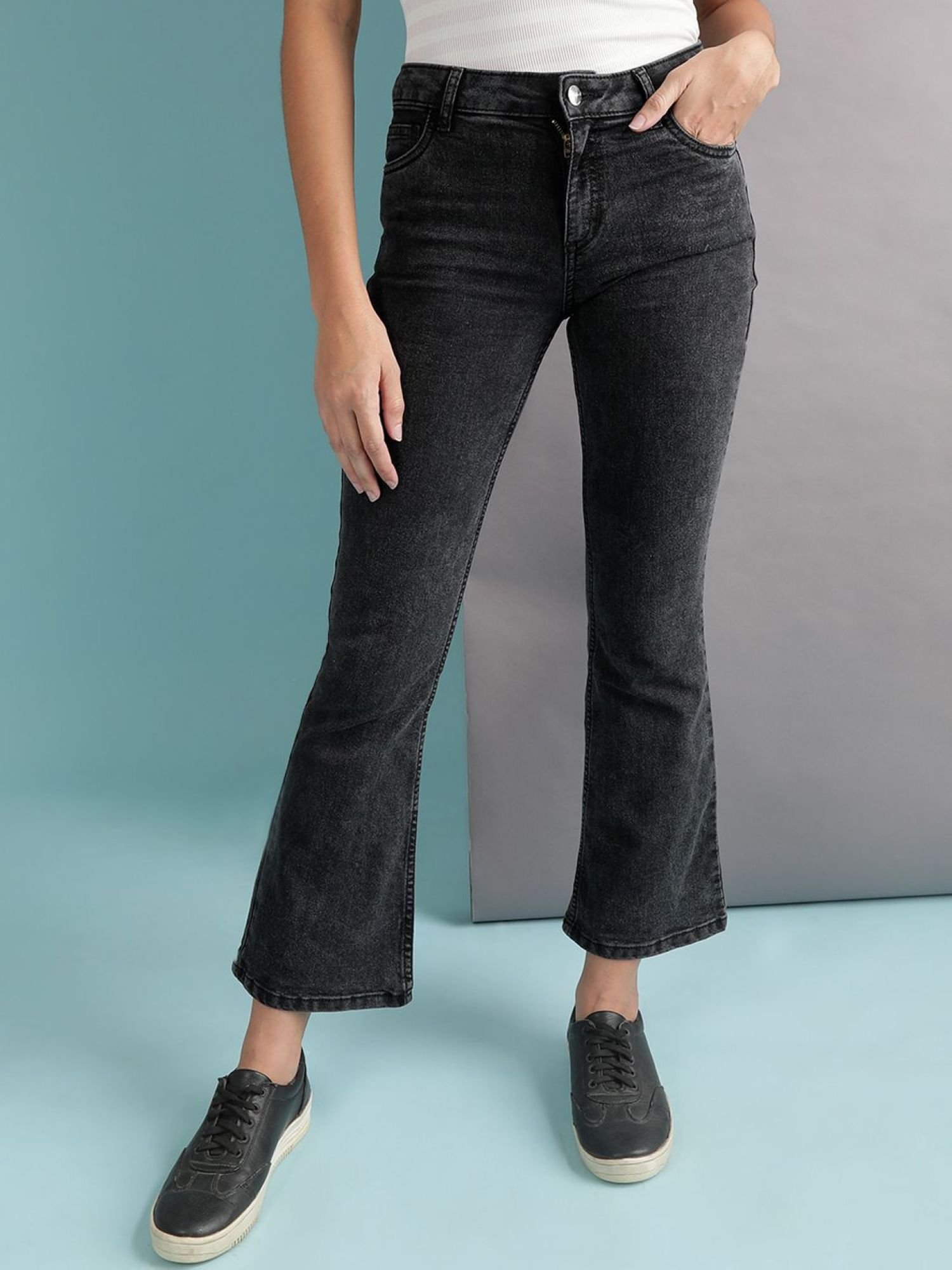 Grey Bootcut High-Rise Stretchable Jeans