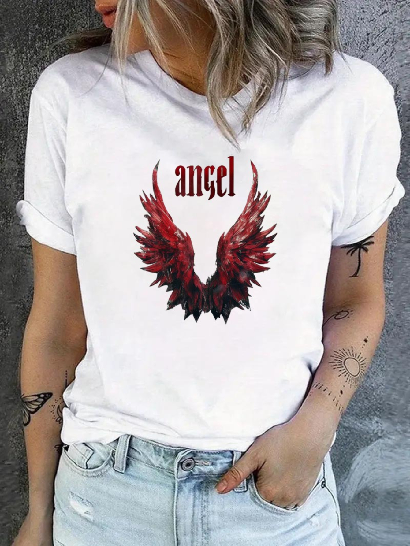 White Graphic Print Short Roll-Up Sleeve T-Shirt