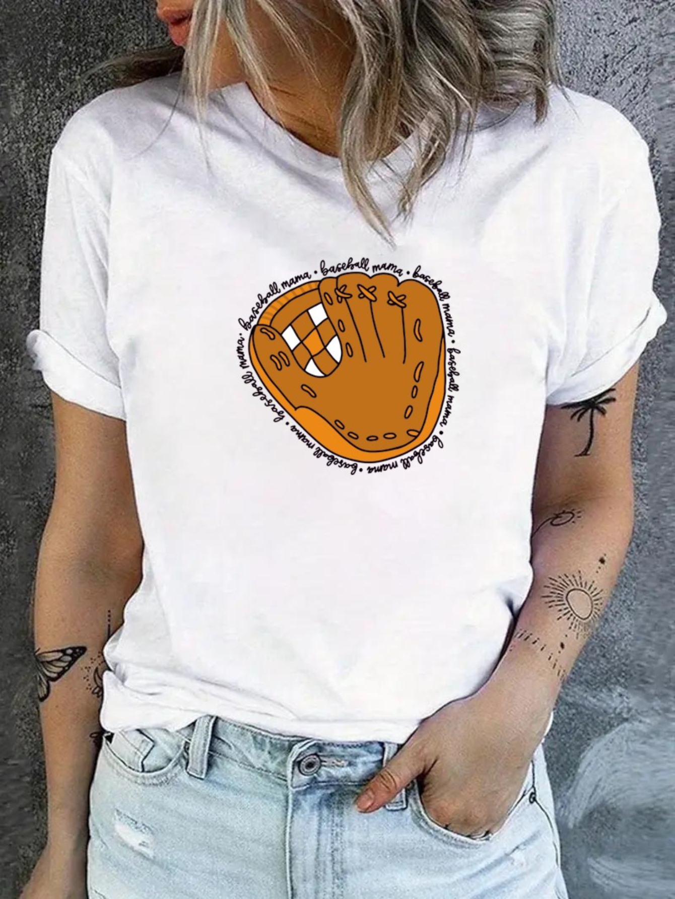 White Graphic Print Short Roll-Up Sleeve T-Shirt