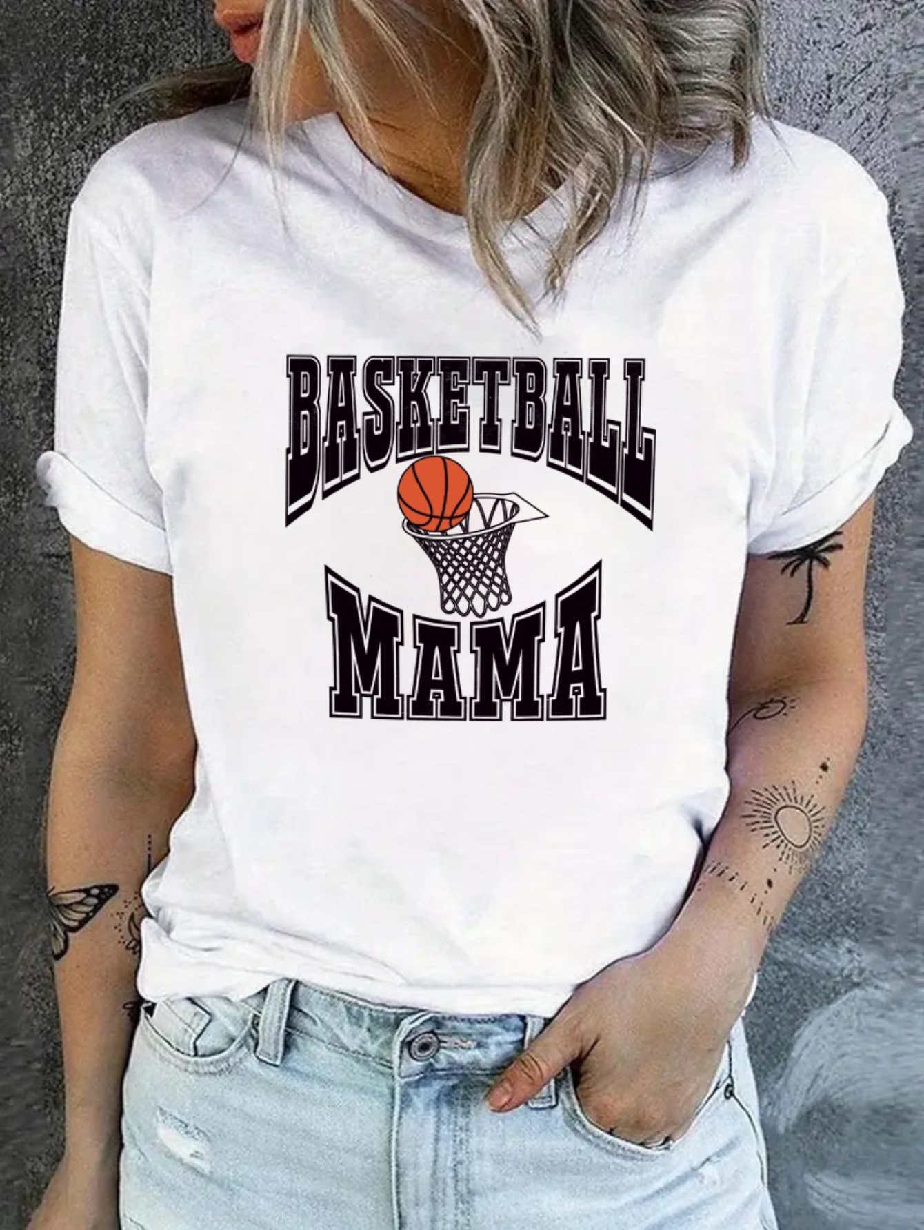 White Graphic Print Turn-Up Sleeve T-Shirt