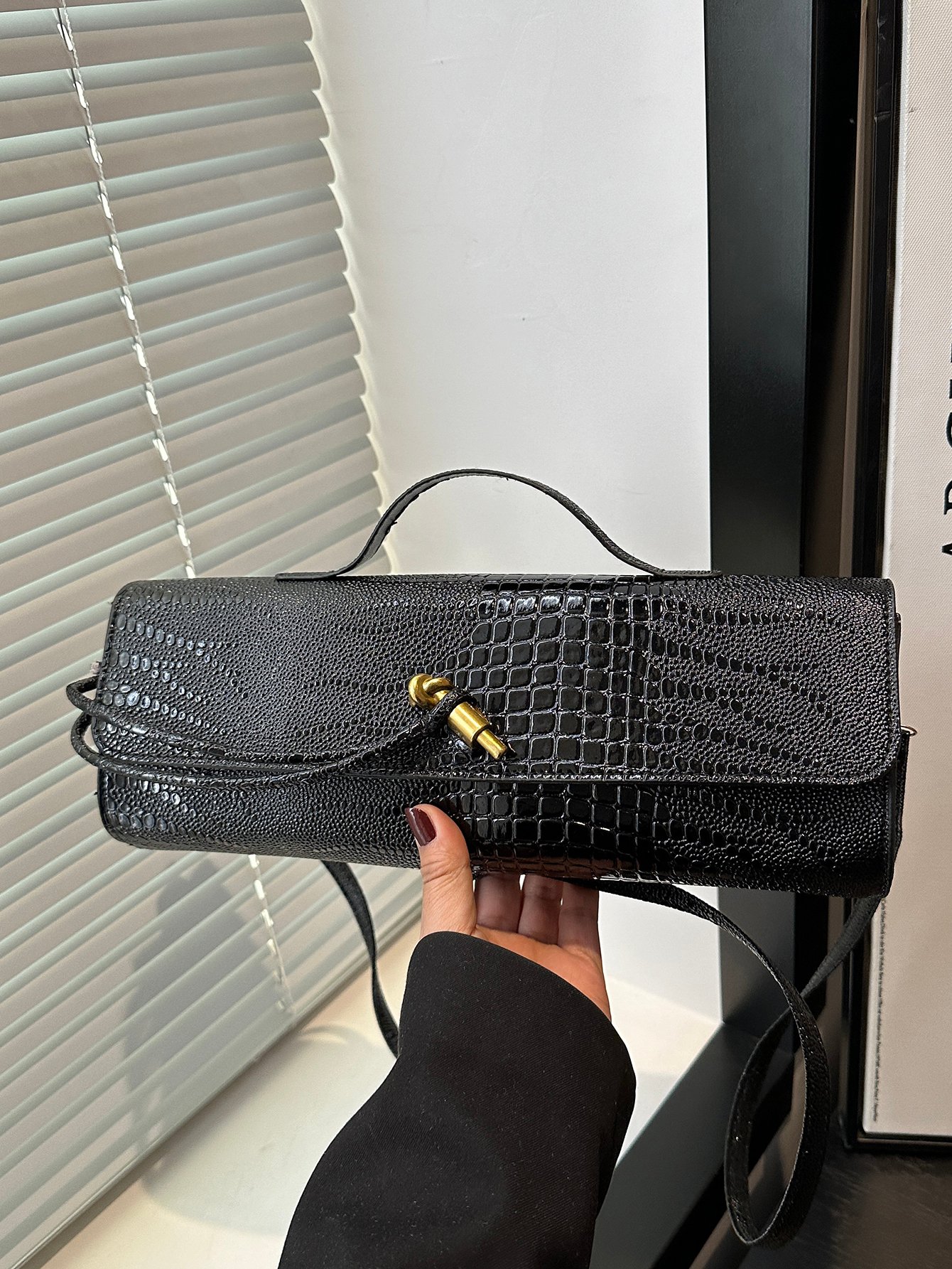 Black Croc-Embossed Crossbody Bag