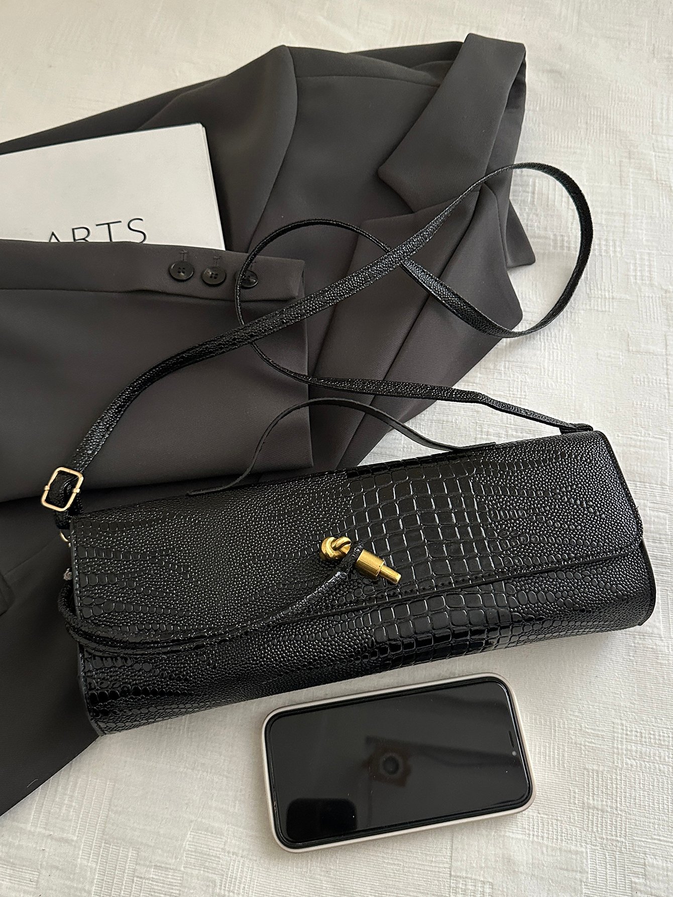 Black Croc-Embossed Crossbody Bag