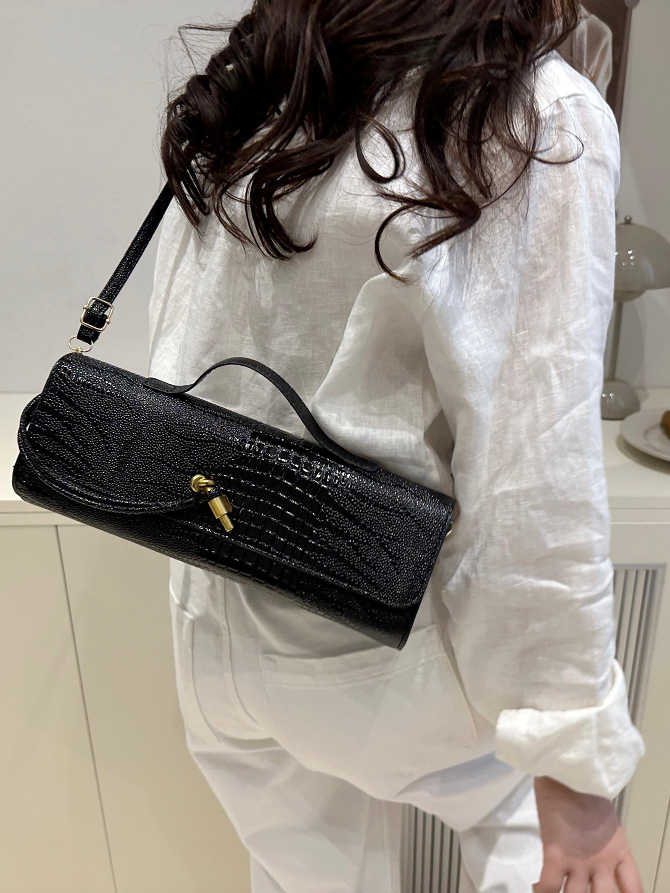 Black Croc-Embossed Crossbody Bag