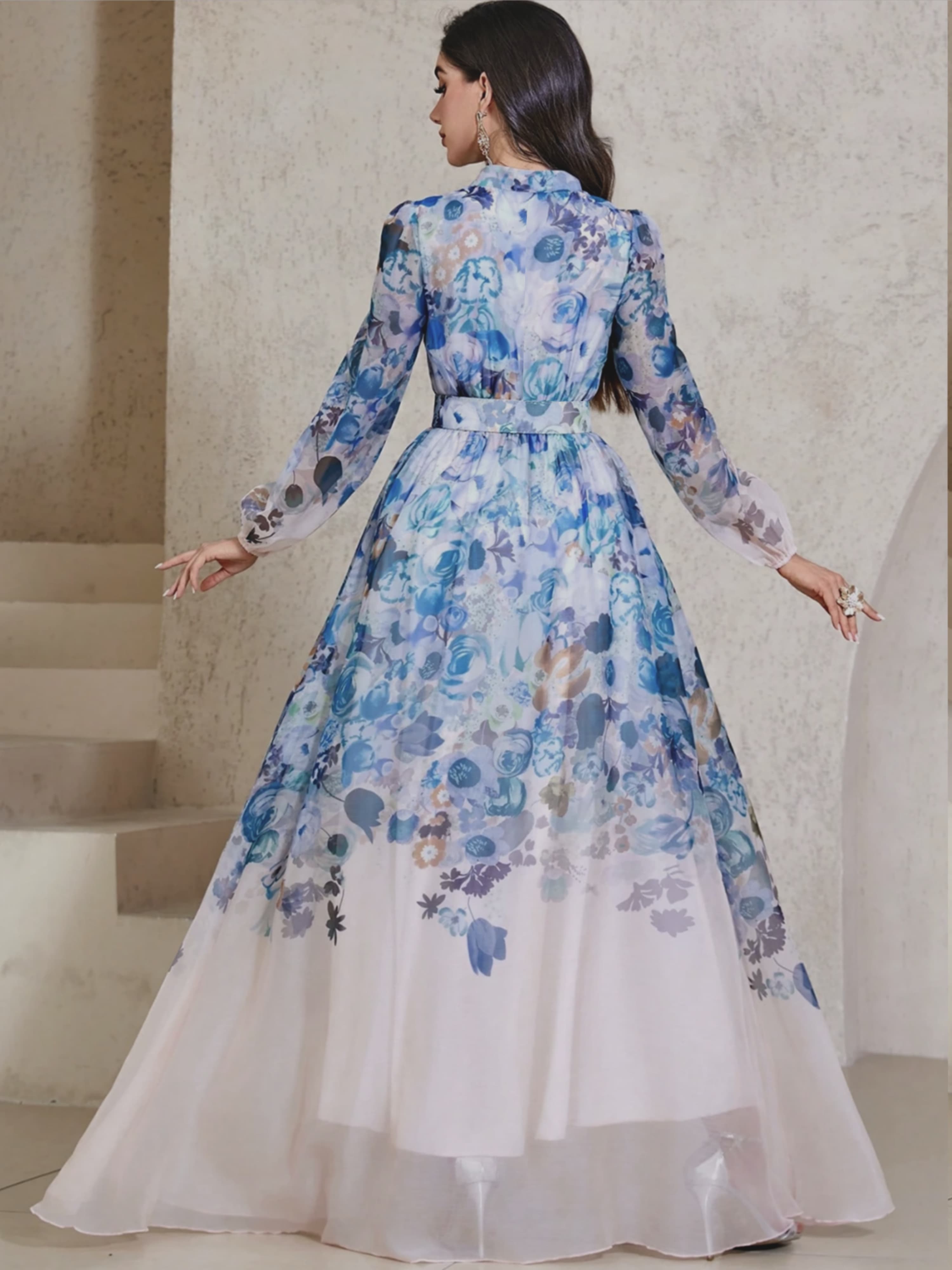 Floral A-Line Maxi Dress with Belt and Long Sleeves