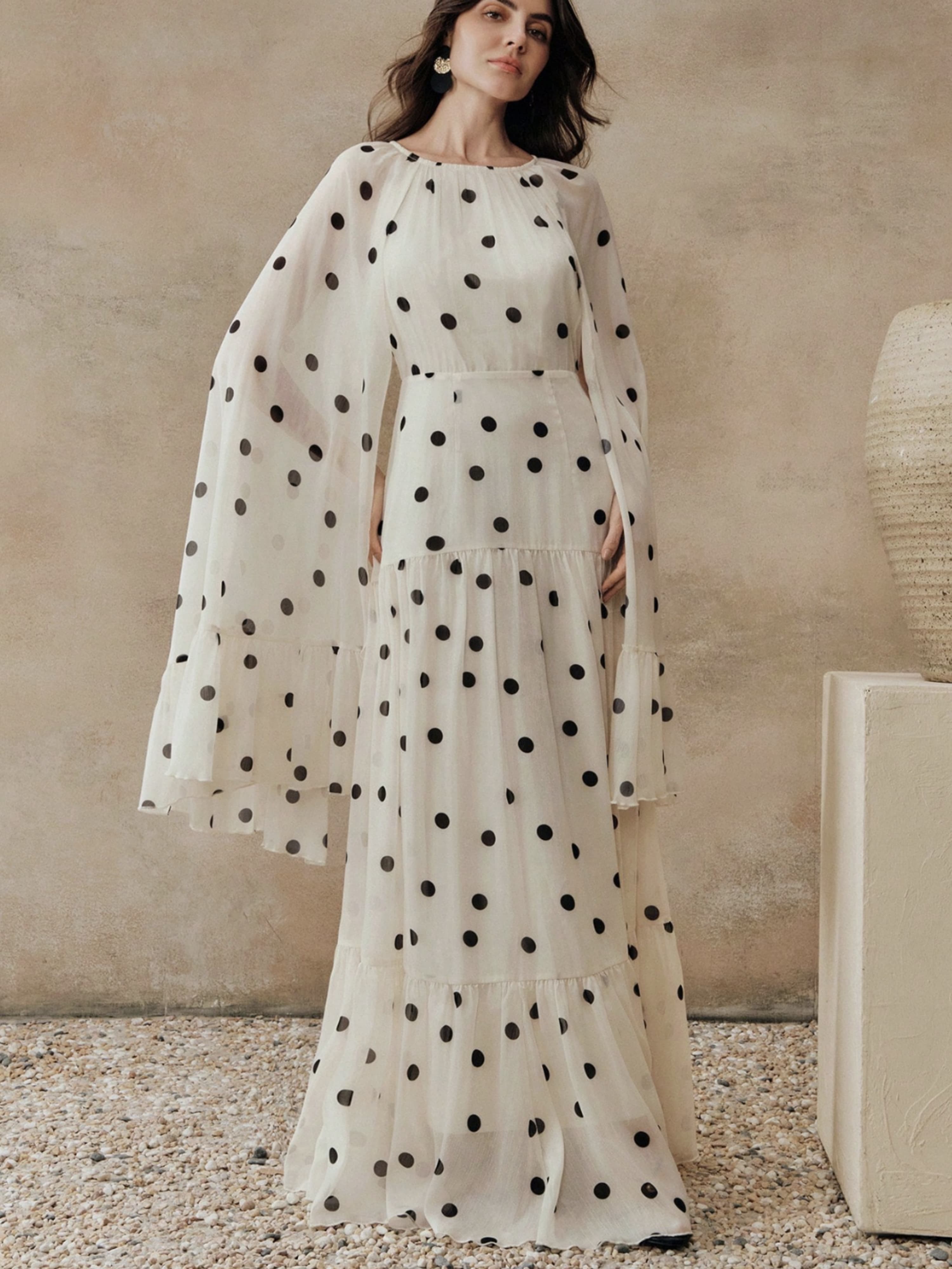 White Printed Round Neck A-Line Maxi Dress