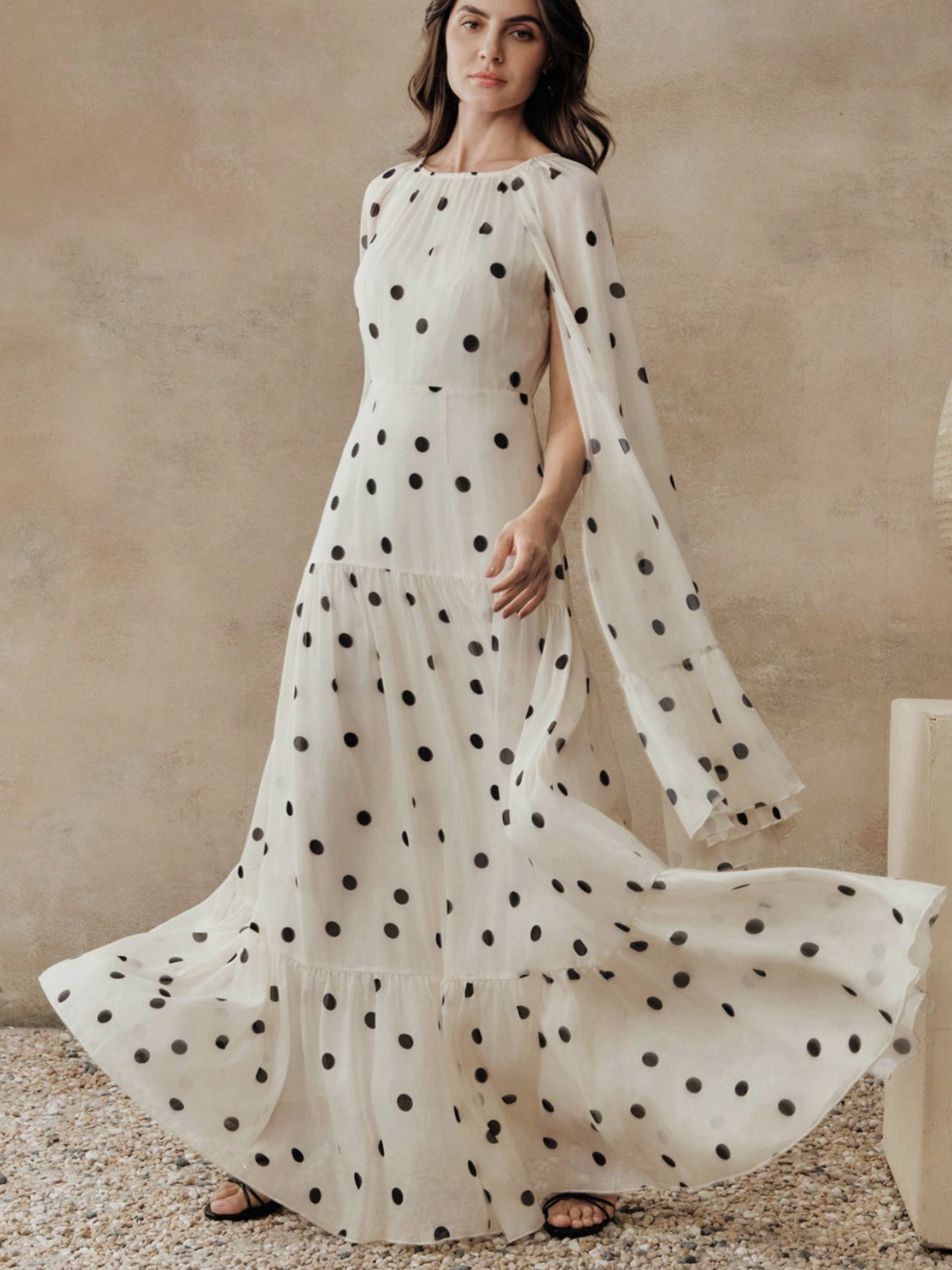 White Printed Round Neck A-Line Maxi Dress