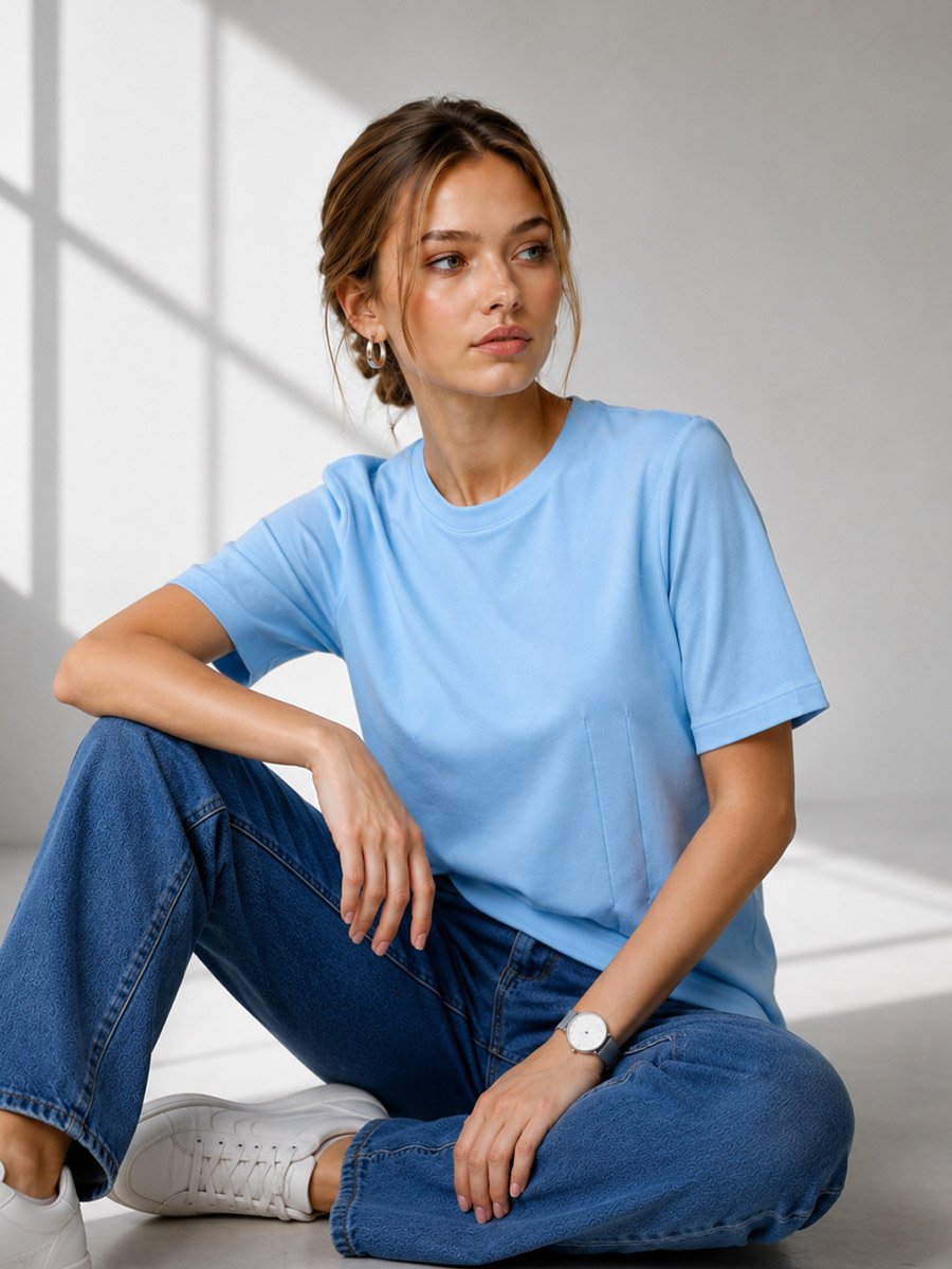 Light Blue Solid Round Neck Regular T-Shirt