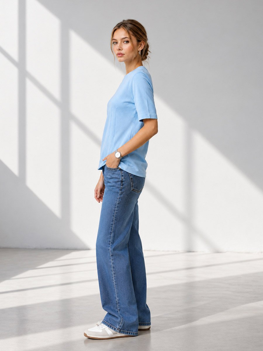 Light Blue Solid Round Neck Regular T-Shirt
