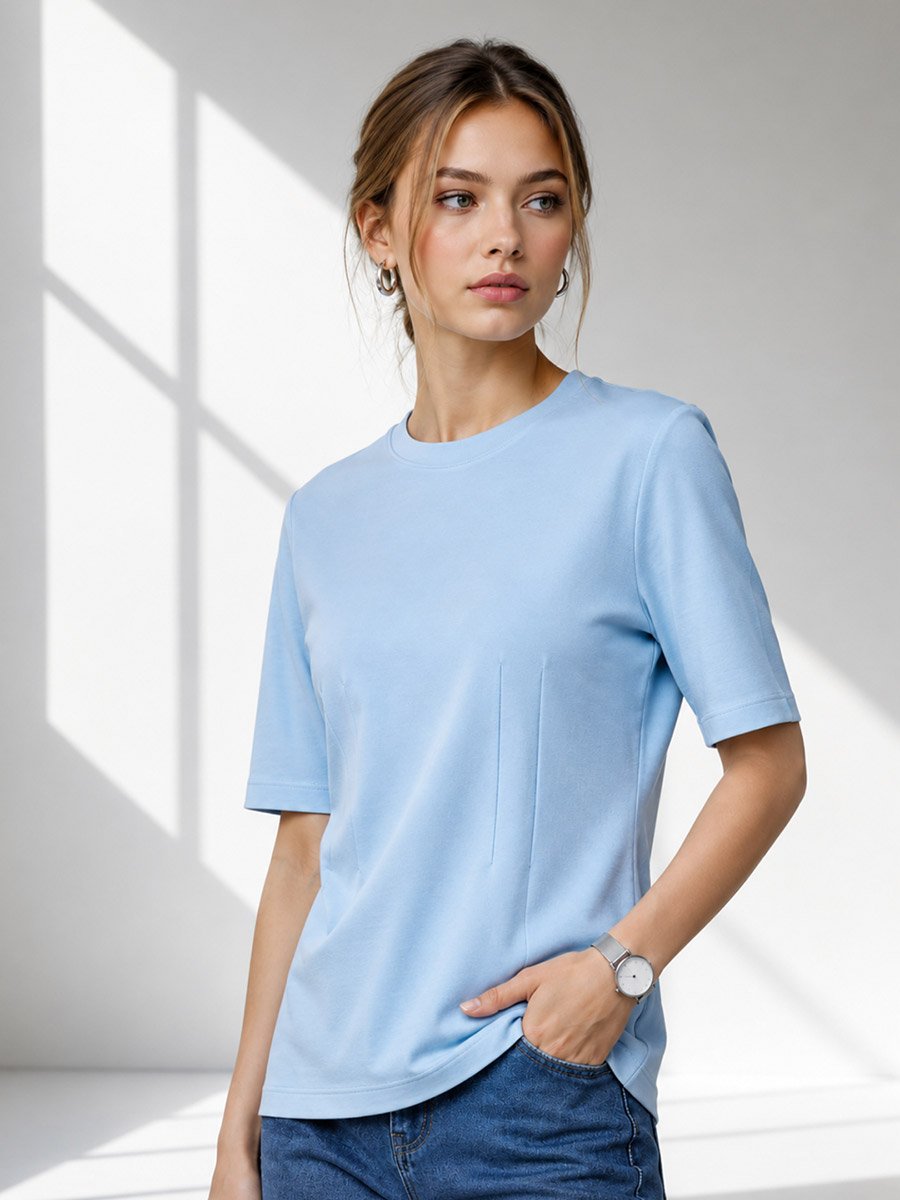 Light Blue Solid Round Neck Regular T-Shirt
