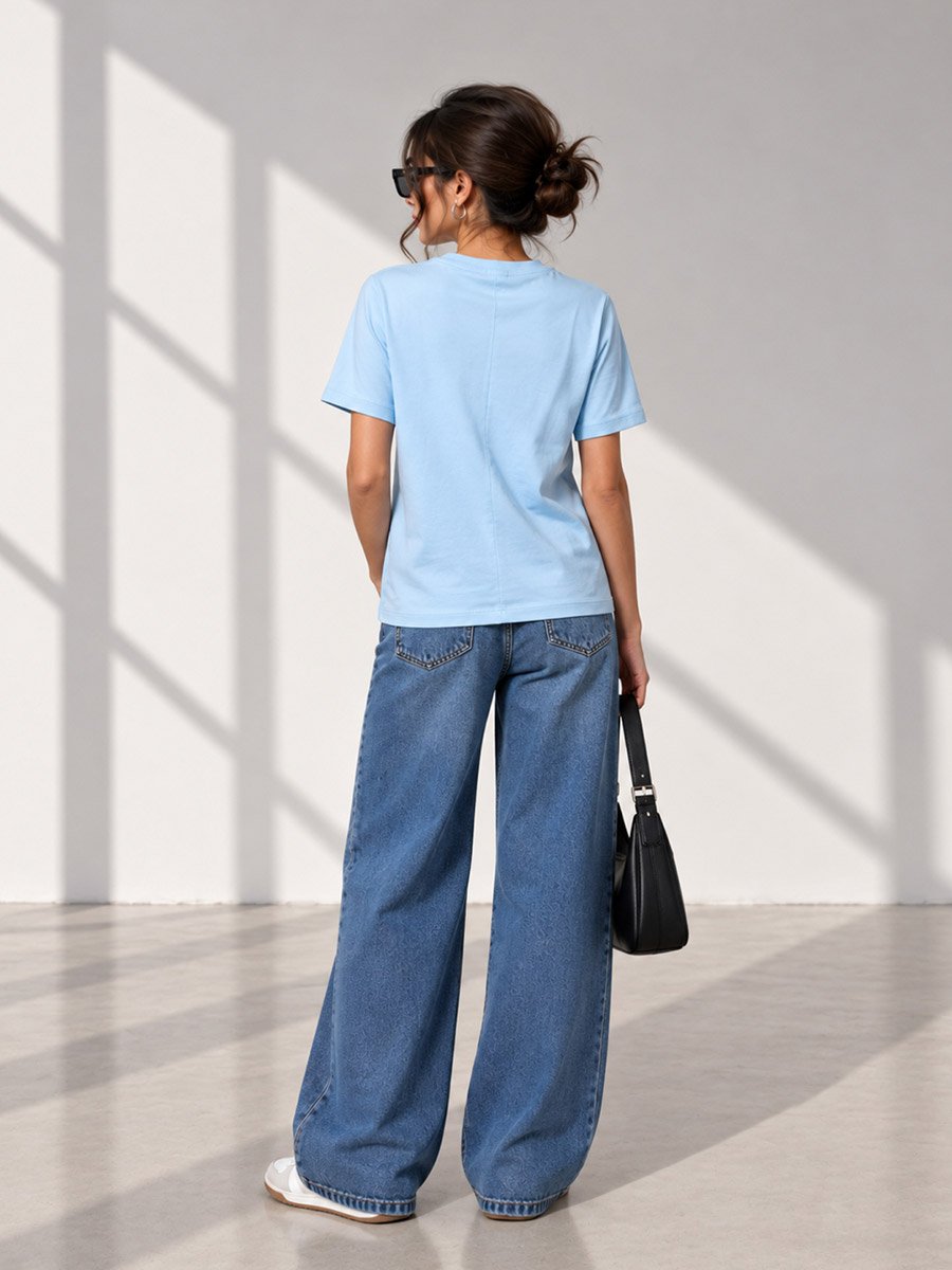 Light Blue Solid Round Neck Regular T-Shirt