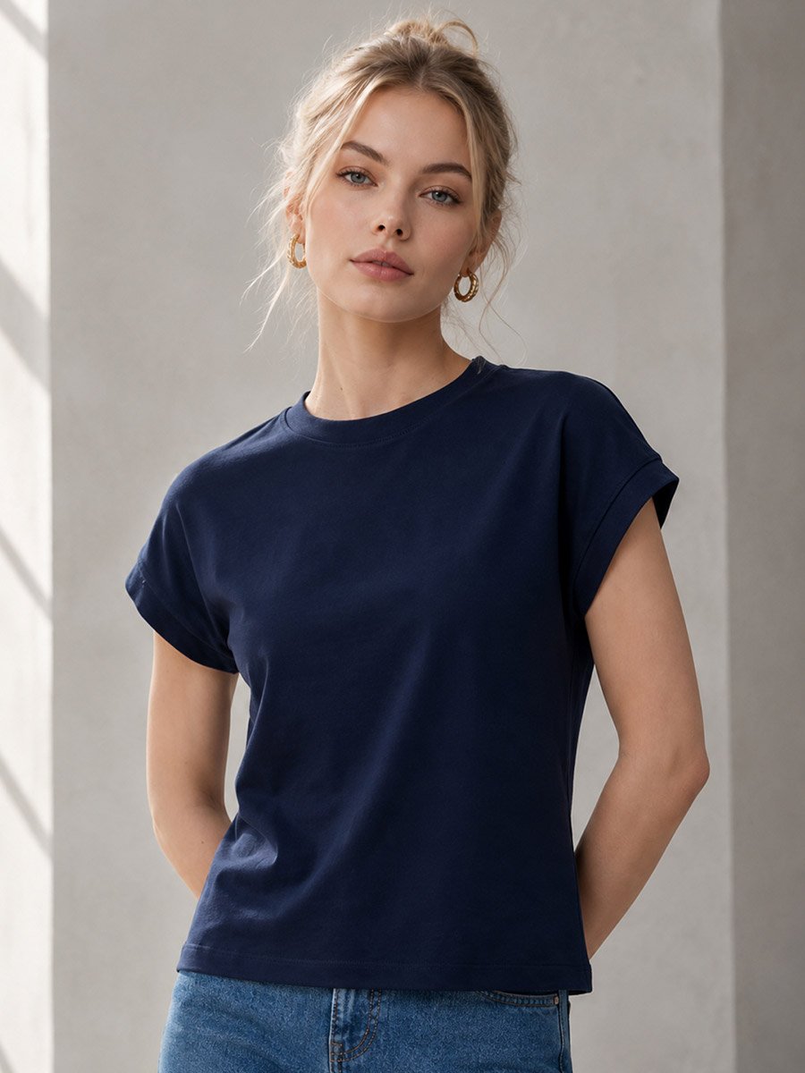 Navy Blue Solid Round Neck Regular T-Shirt