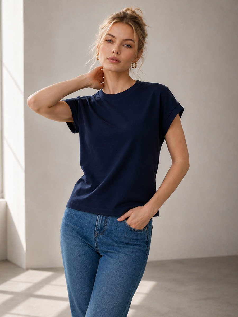 Navy Blue Solid Round Neck Regular T-Shirt