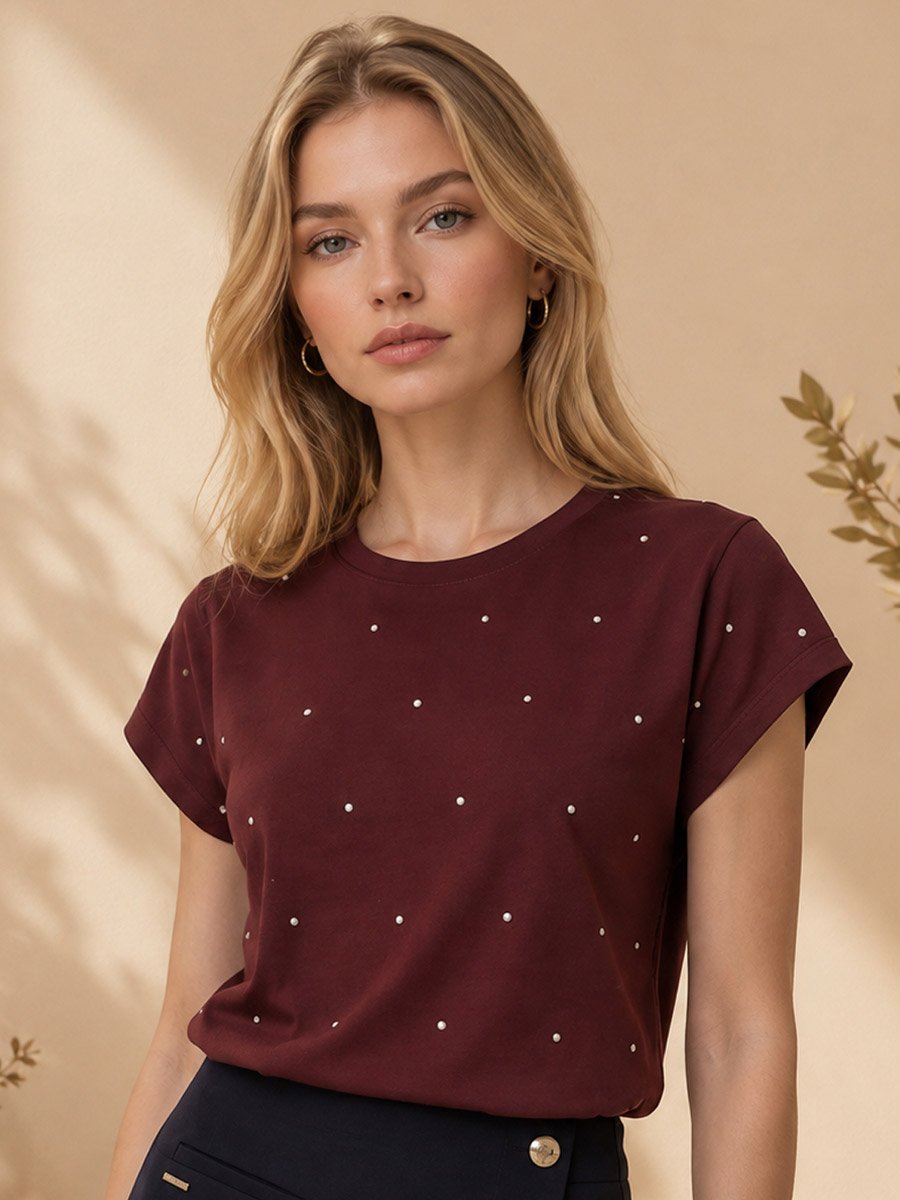 Burgundy Printed Round Neck Regular T-Shirt
