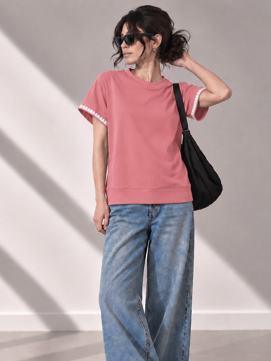 Pink Solid Round Neck Regular T-Shirt