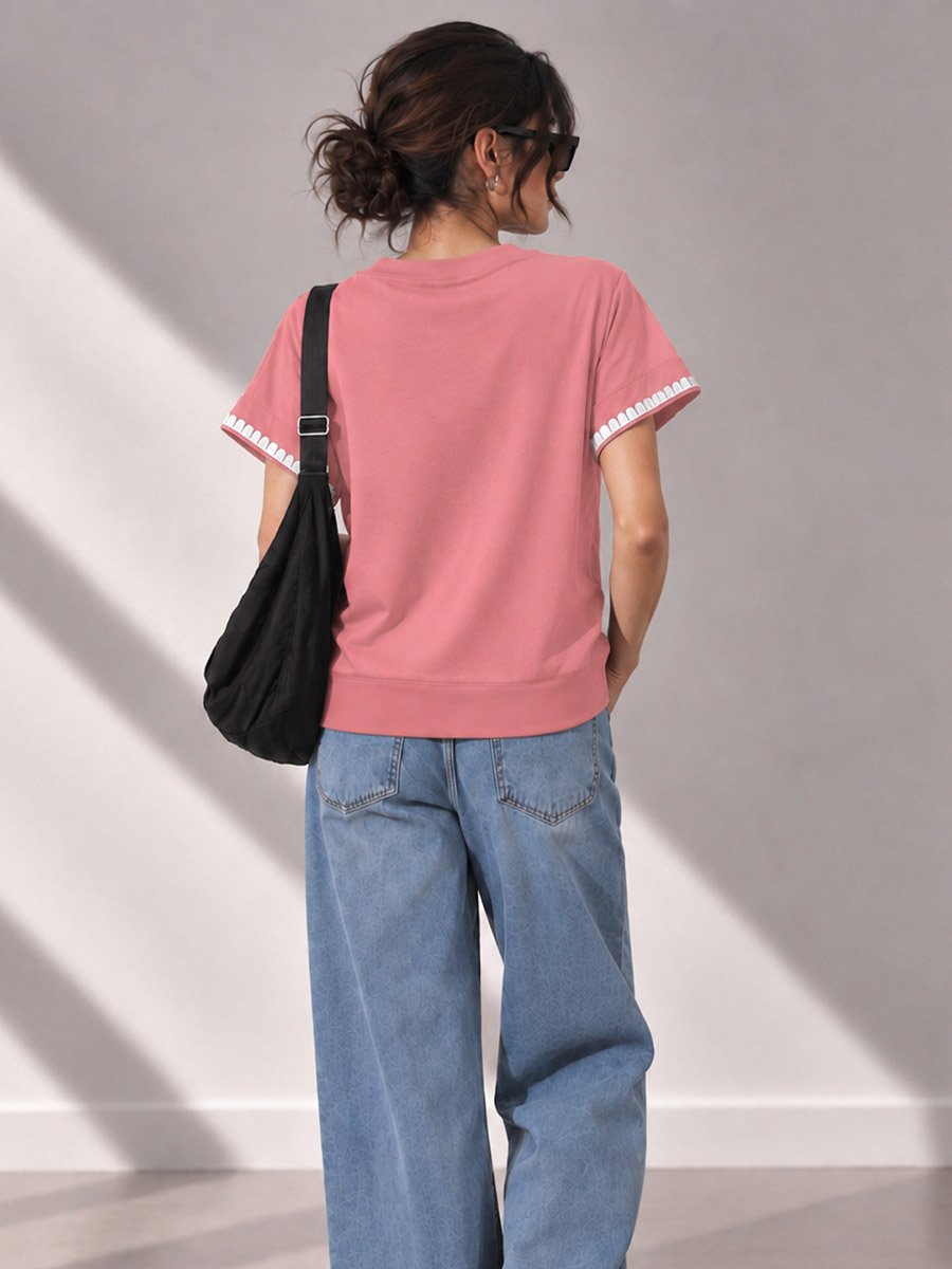 Pink Solid Round Neck Regular T-Shirt