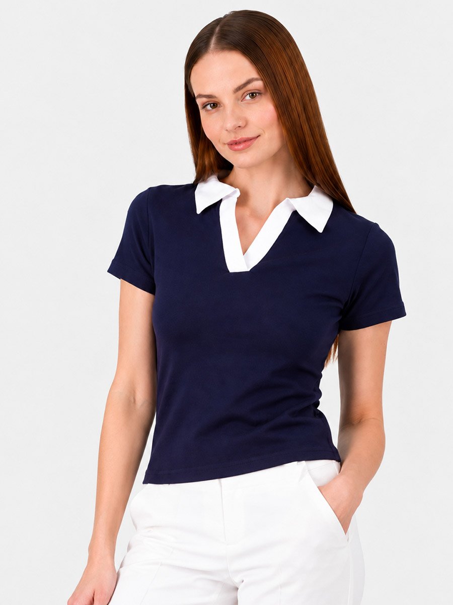 Navy Blue Solid Polo Neck Regular T-Shirt