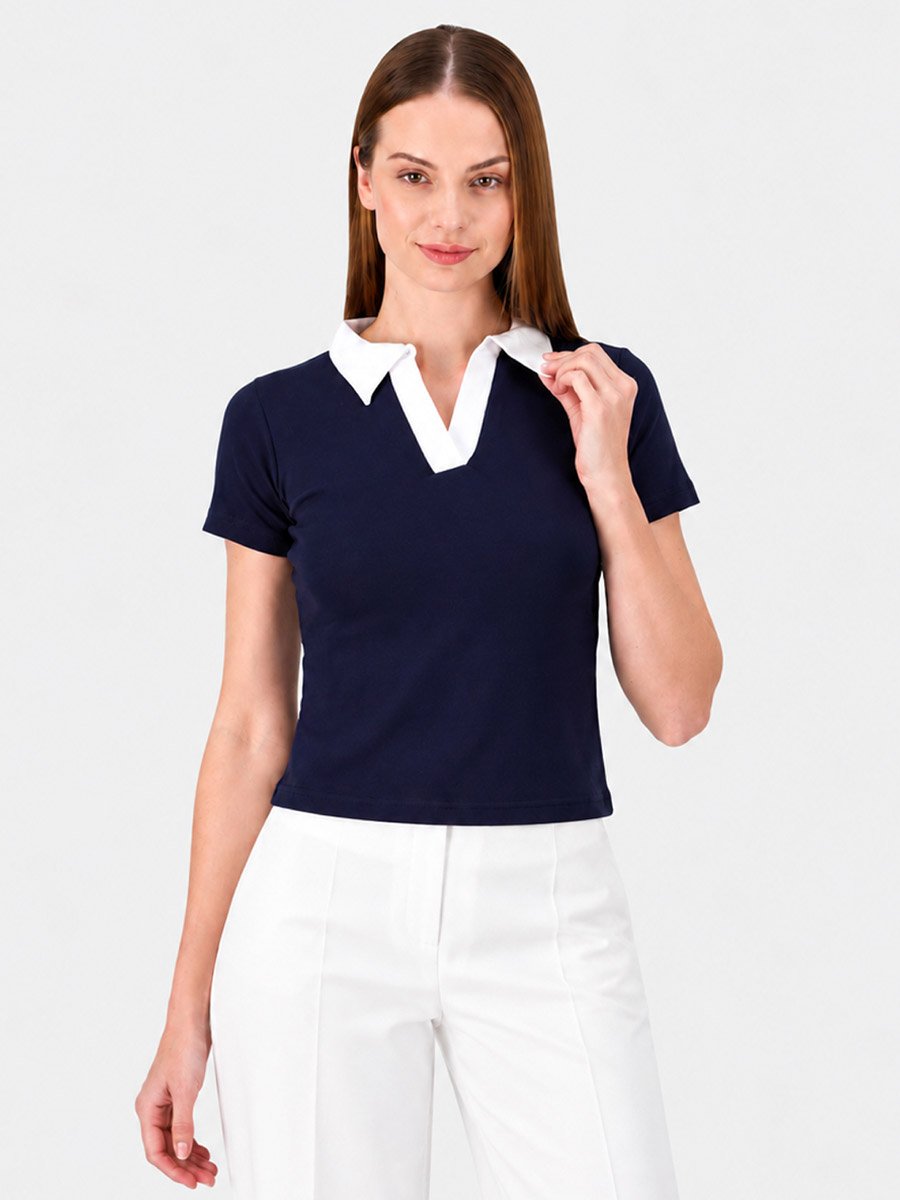 Navy Blue Solid Polo Neck Regular T-Shirt