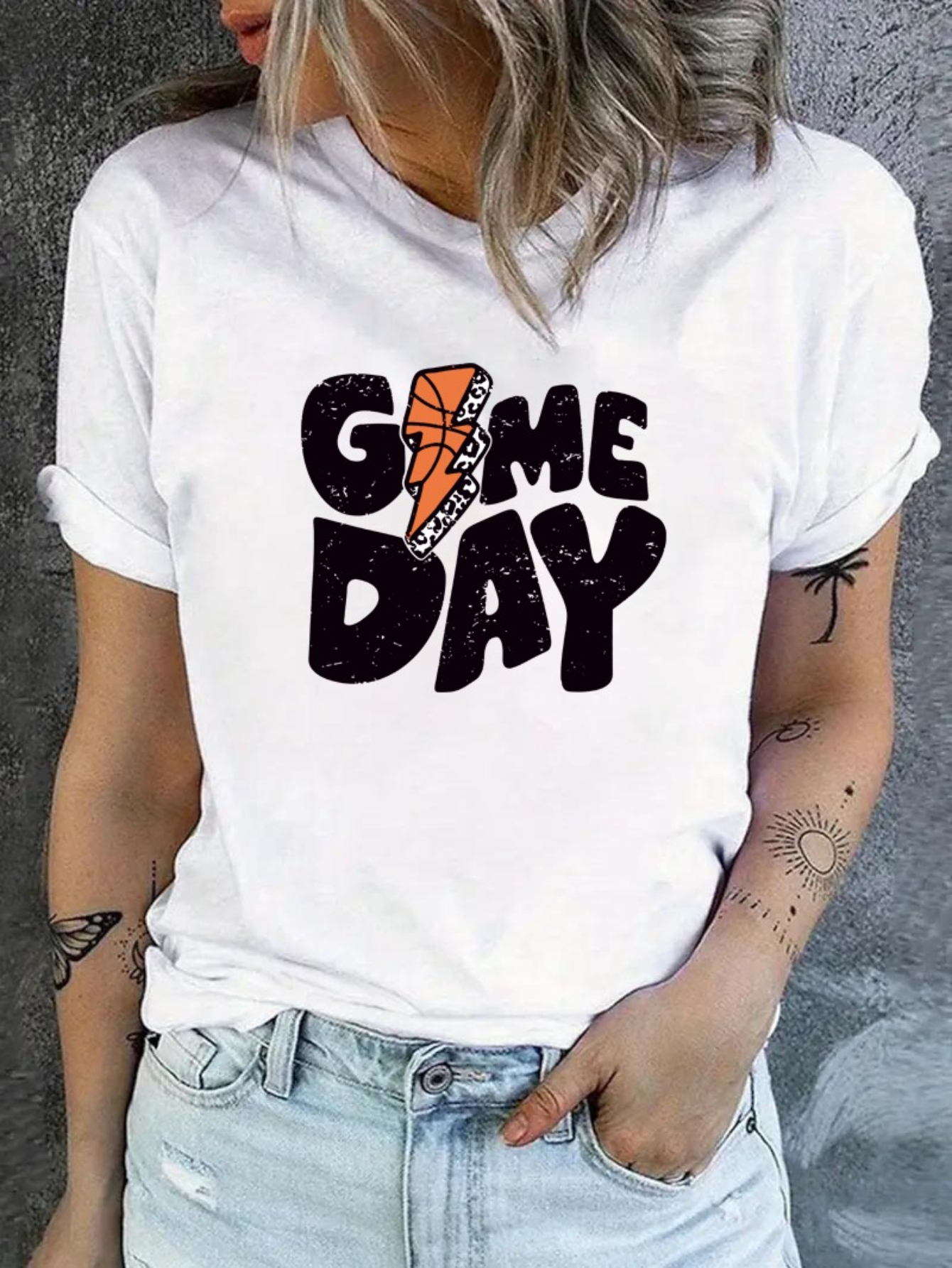 White Graphic Print Turn-Up Sleeve T-Shirt
