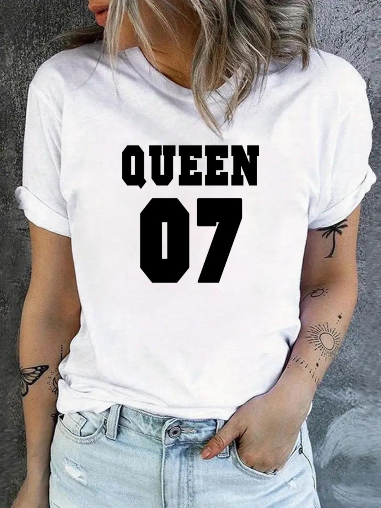 White Graphic Print Turn-Up Sleeve T-Shirt