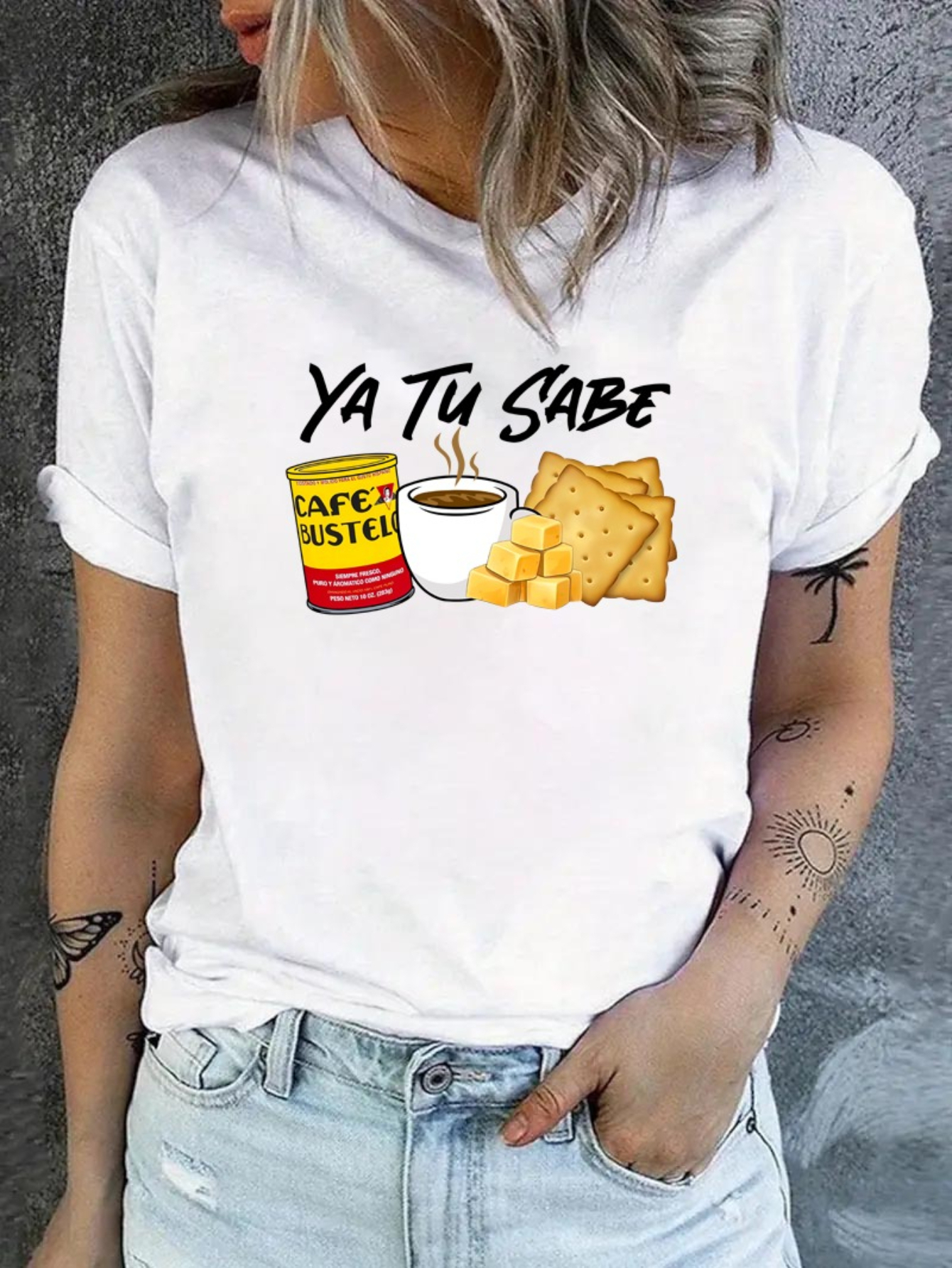 White Graphic Print Turn-Up Sleeve T-Shirt