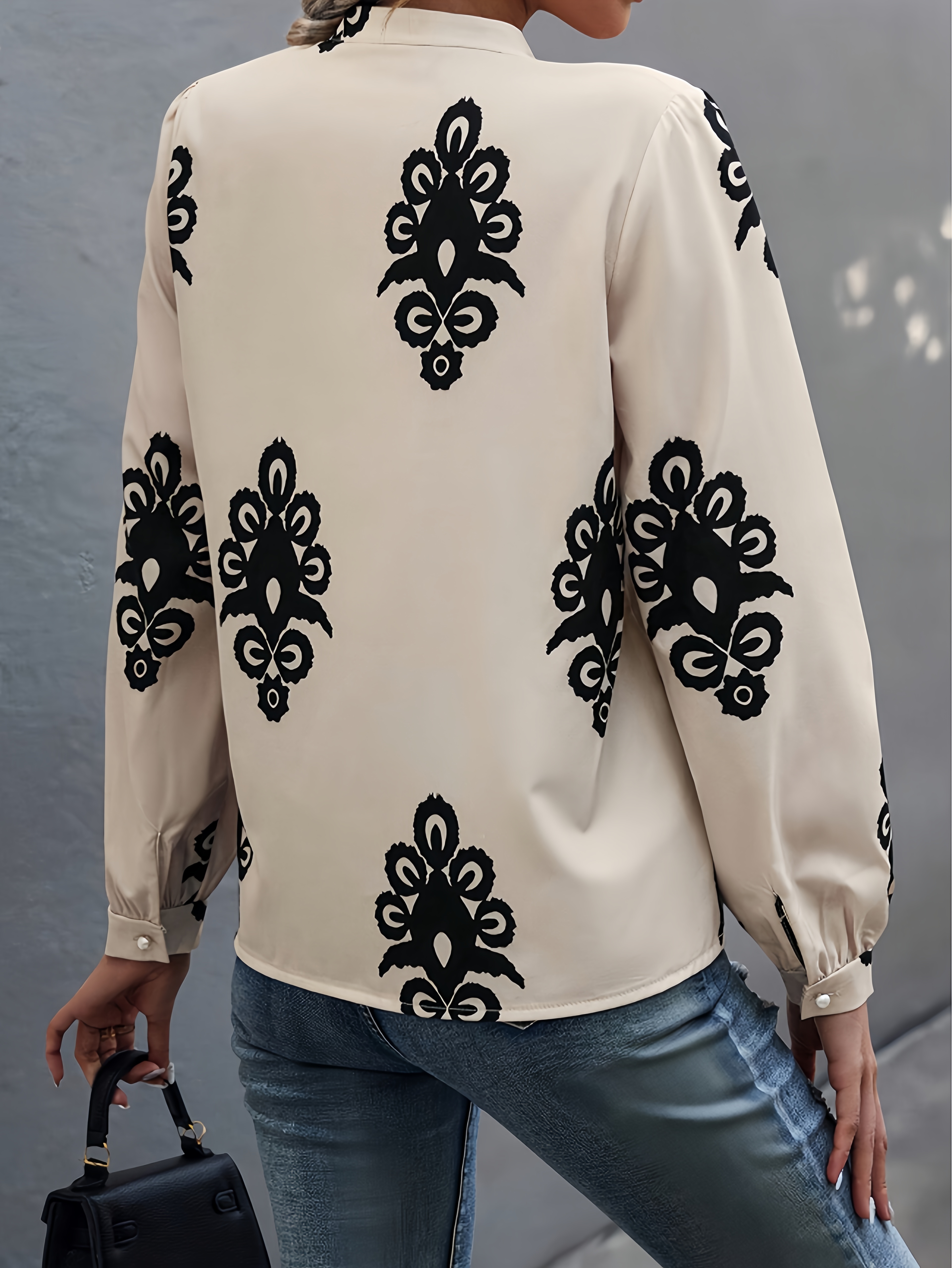 Beige Floral Print Tie-Up Neck Blouse