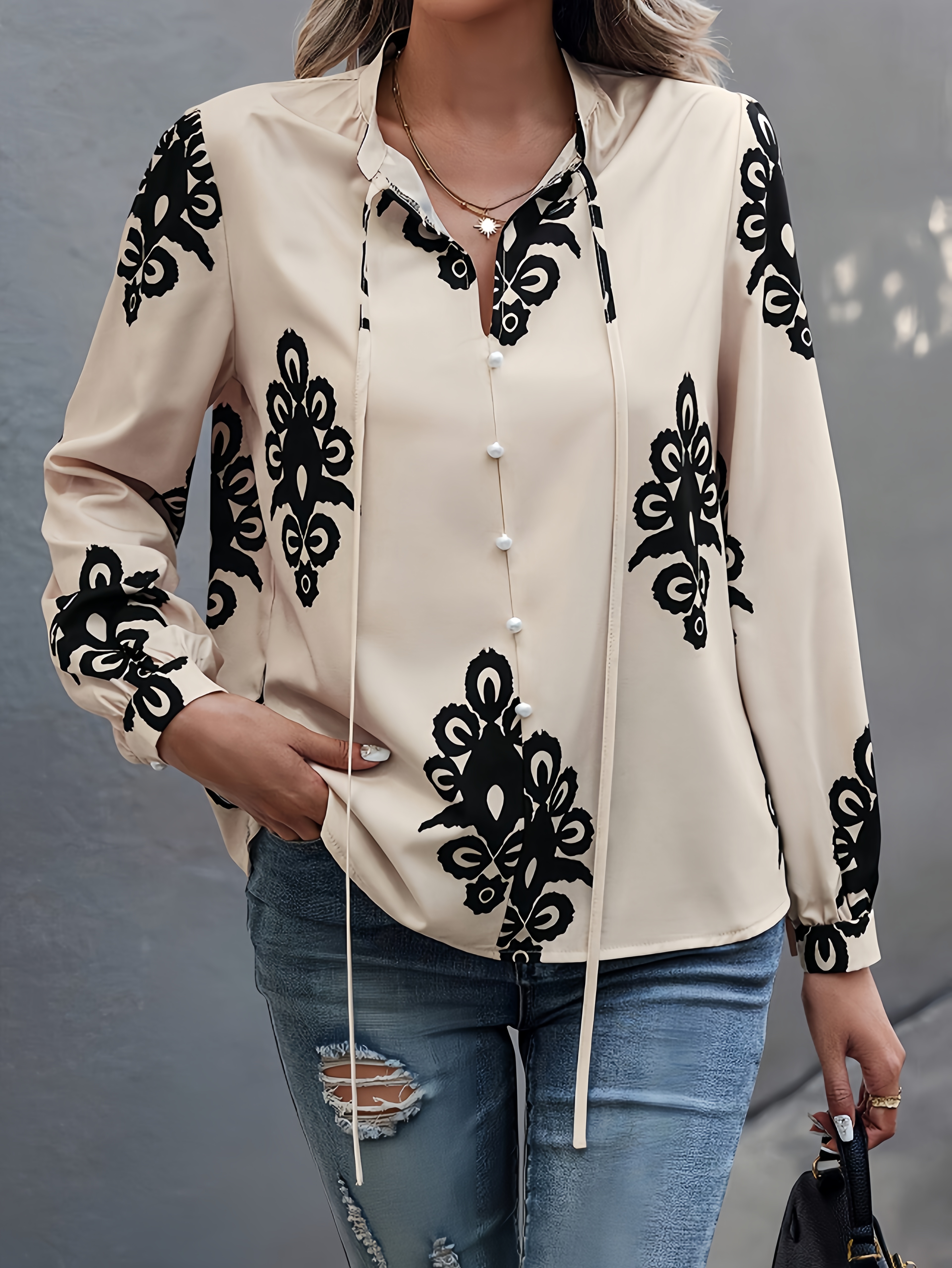 Beige Floral Print Tie-Up Neck Blouse