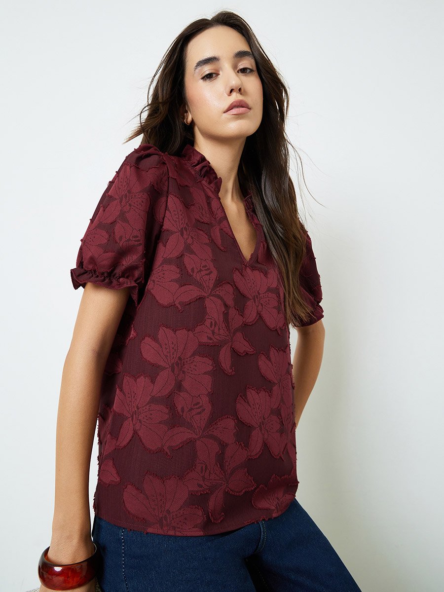 Burgundy Floral Textured Short Sleeve Top