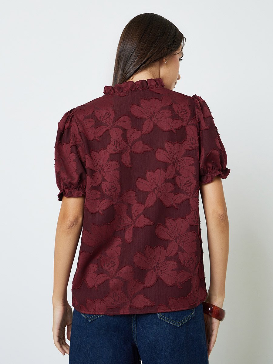 Burgundy Floral Textured Short Sleeve Top