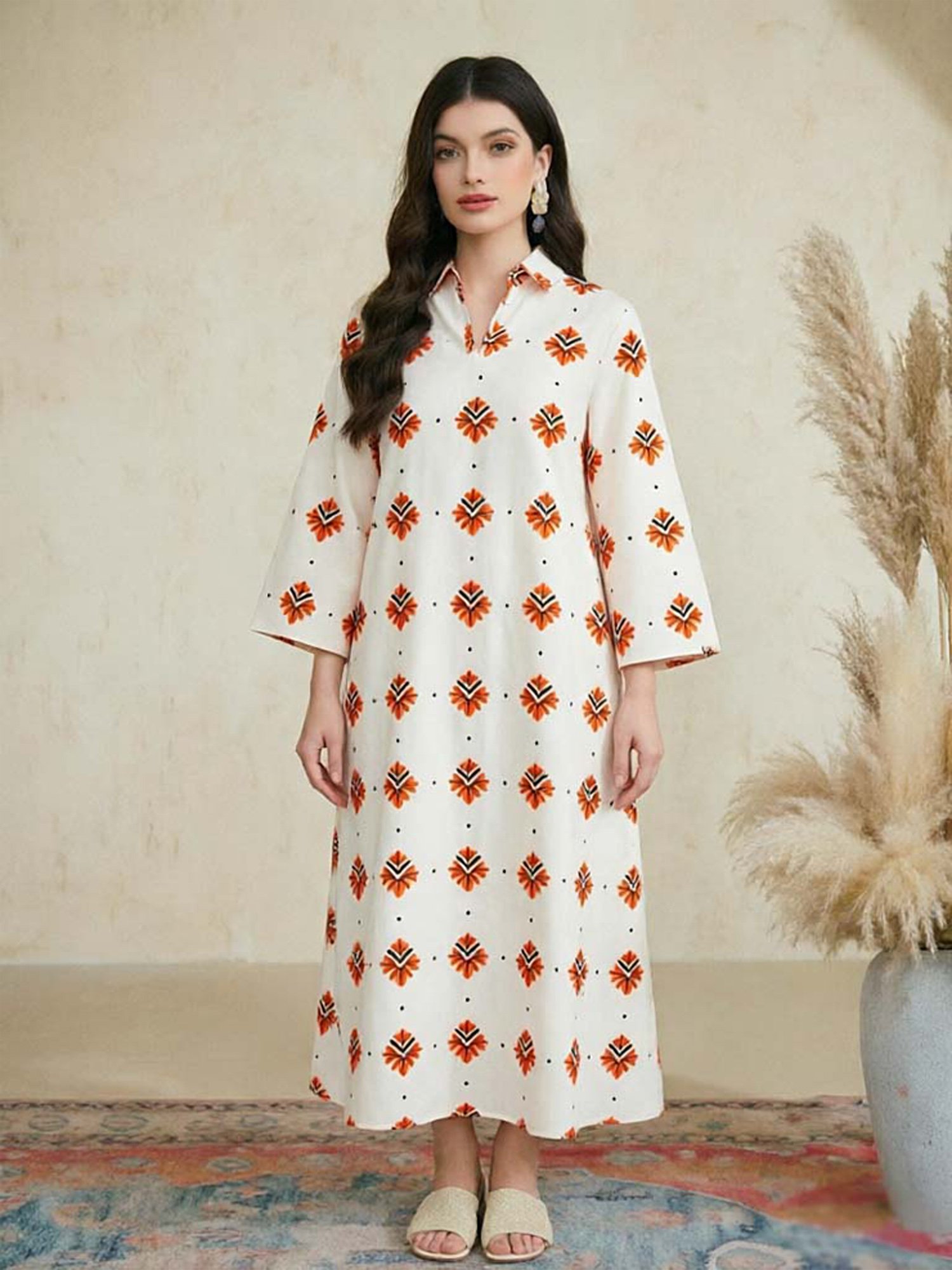 White Graphic Print Long Sleeves Kaftan Dress