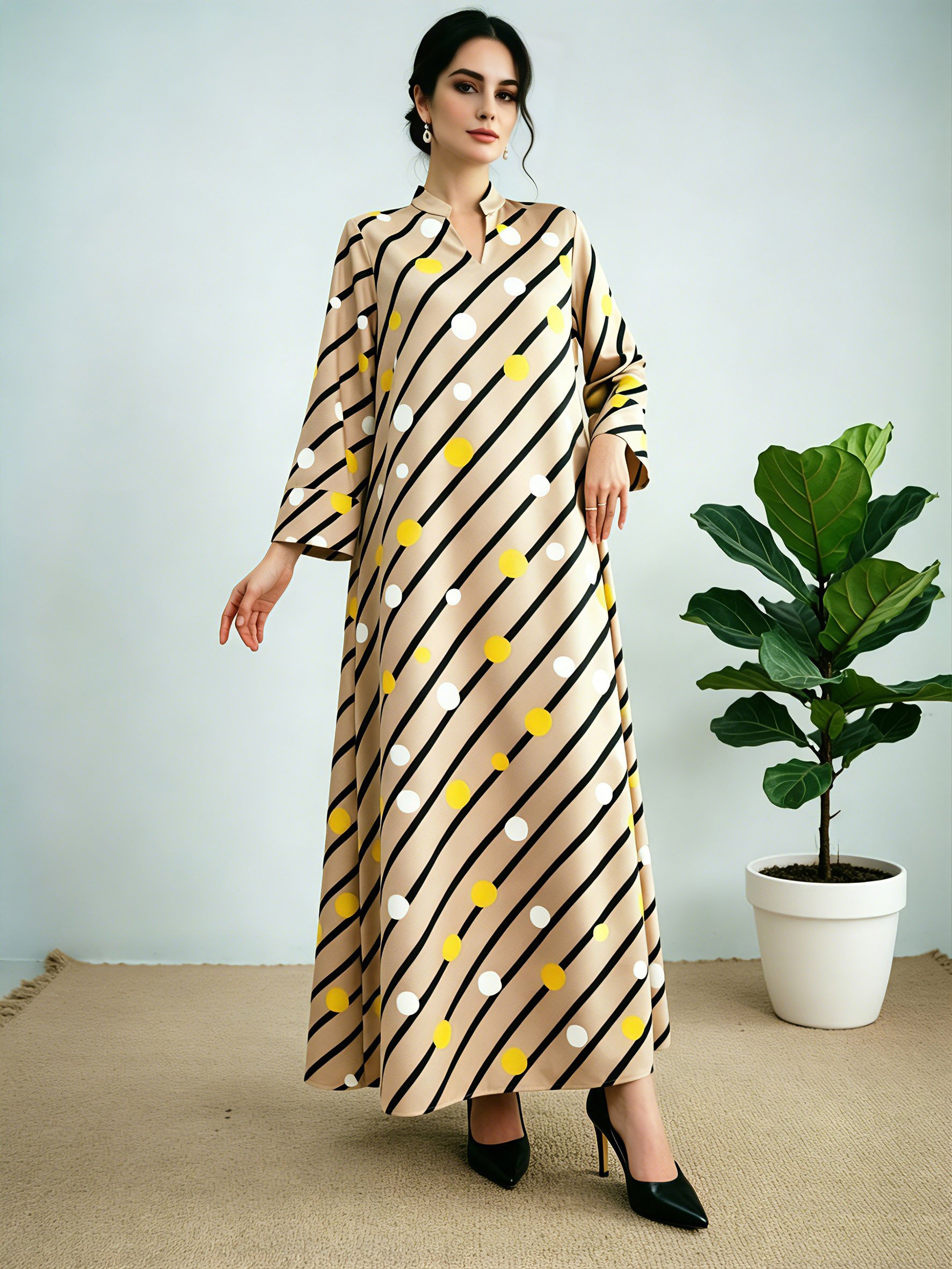 Multi-Color Polka Dot Striped Long Sleeves Jalabiya