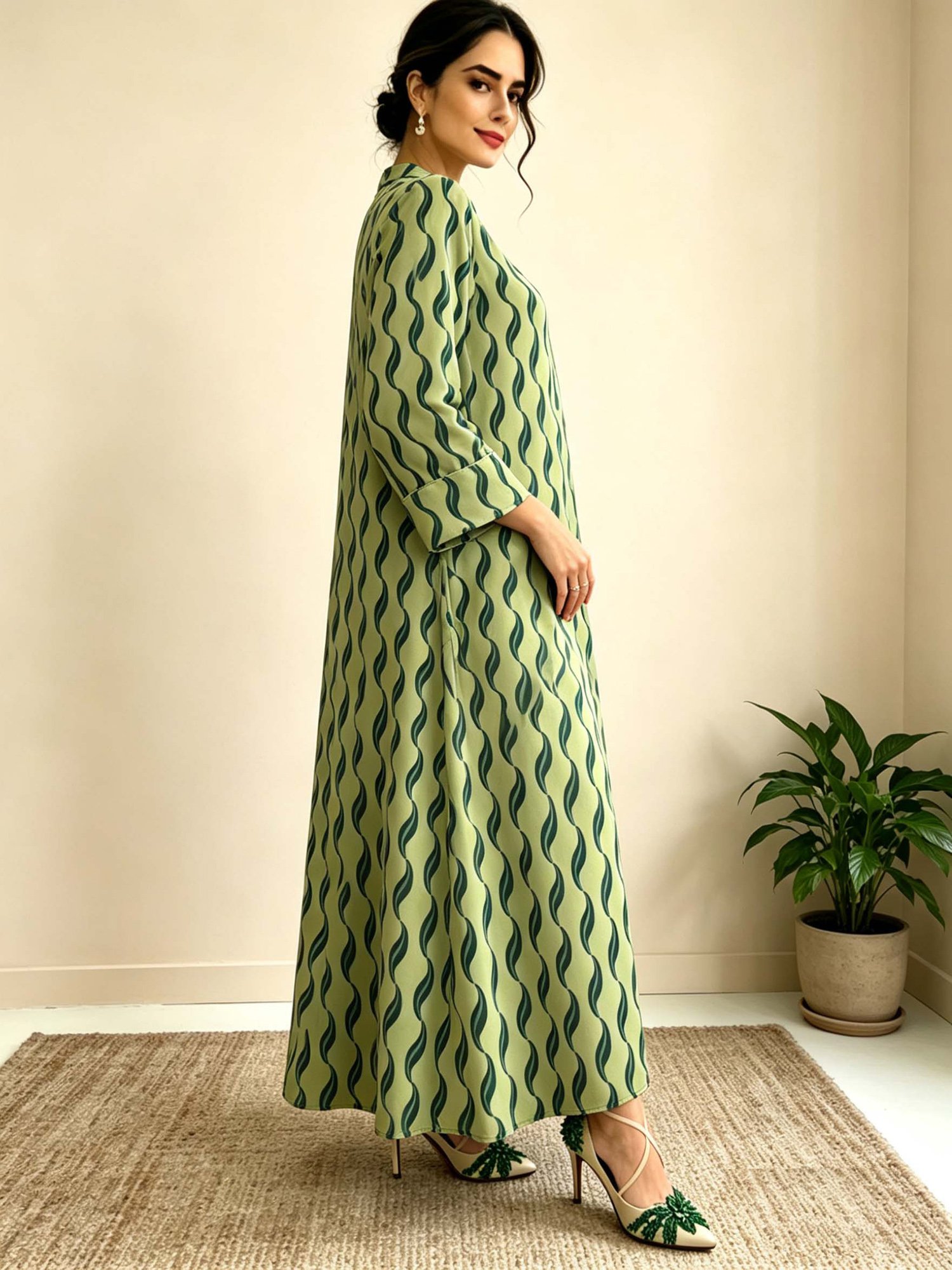 Green Graphic Print Long Sleeves Jalabyia
