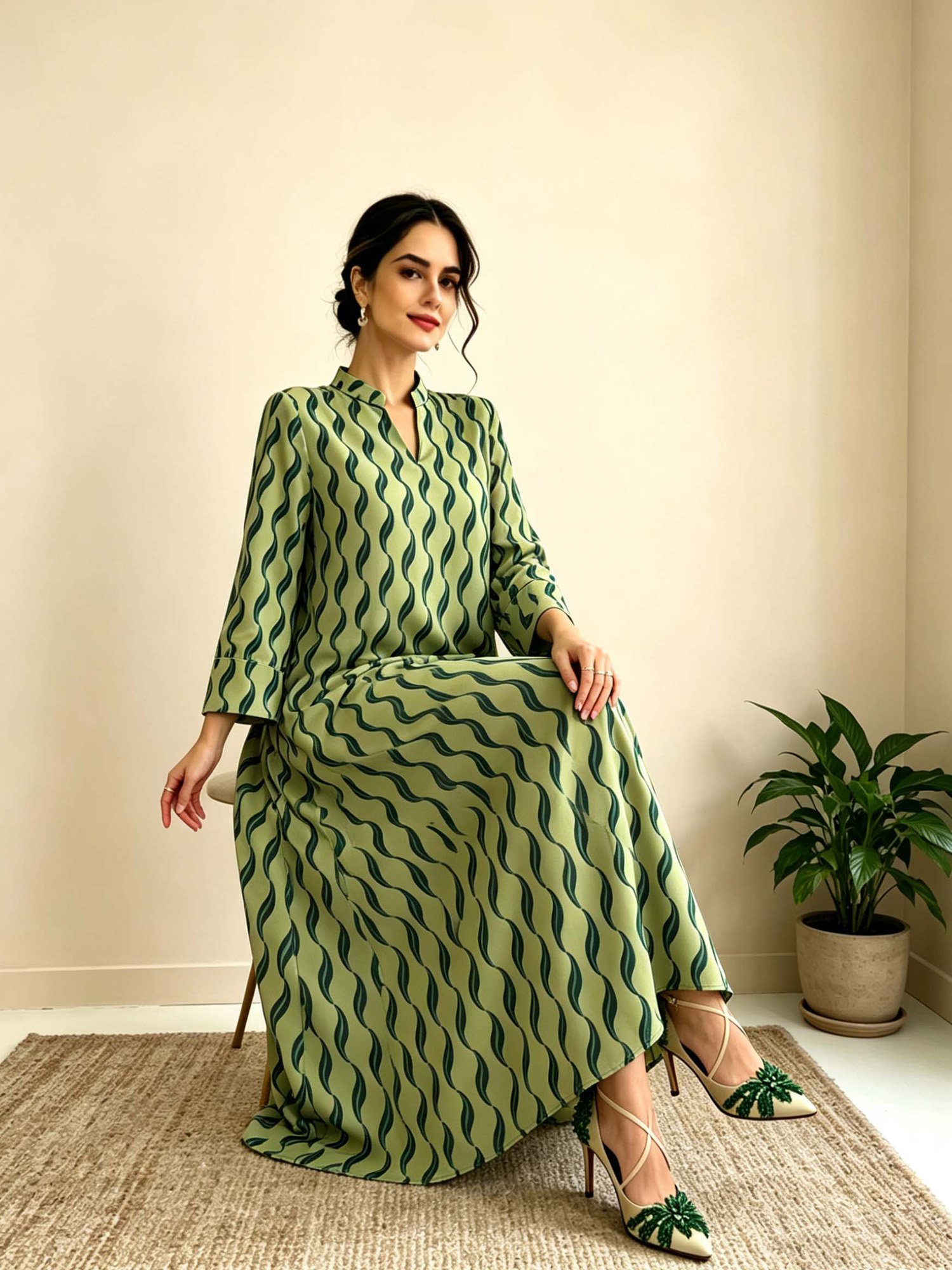 Green Graphic Print Long Sleeves Jalabyia