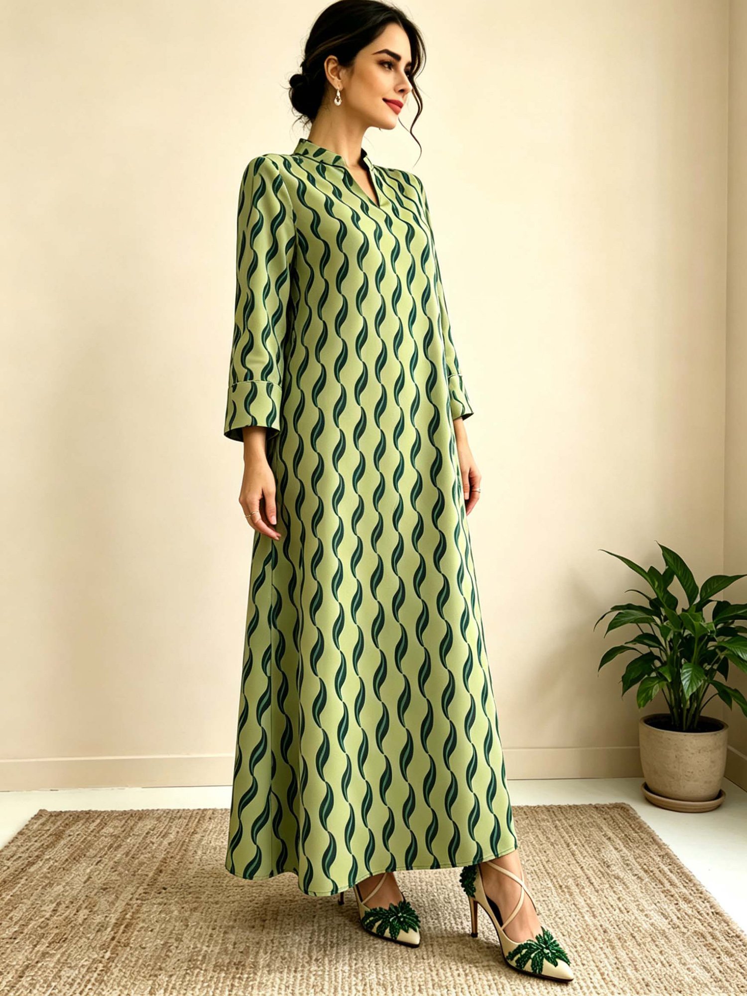 Green Graphic Print Long Sleeves Jalabyia