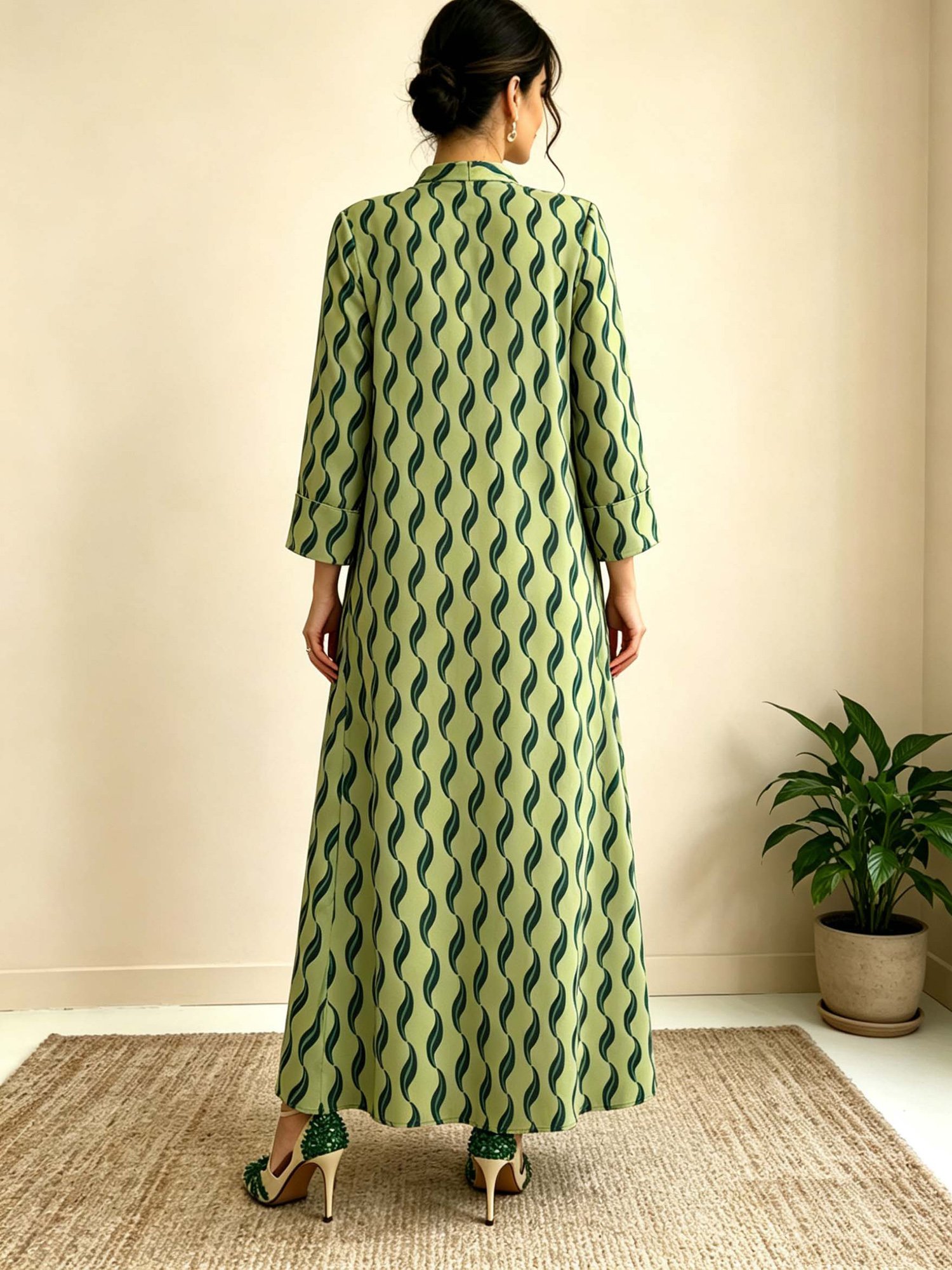 Green Graphic Print Long Sleeves Jalabyia