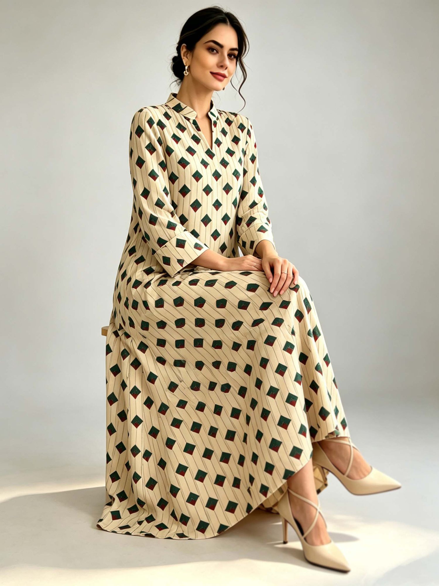 Beige Geometric Print Long Sleeves Jalabiya