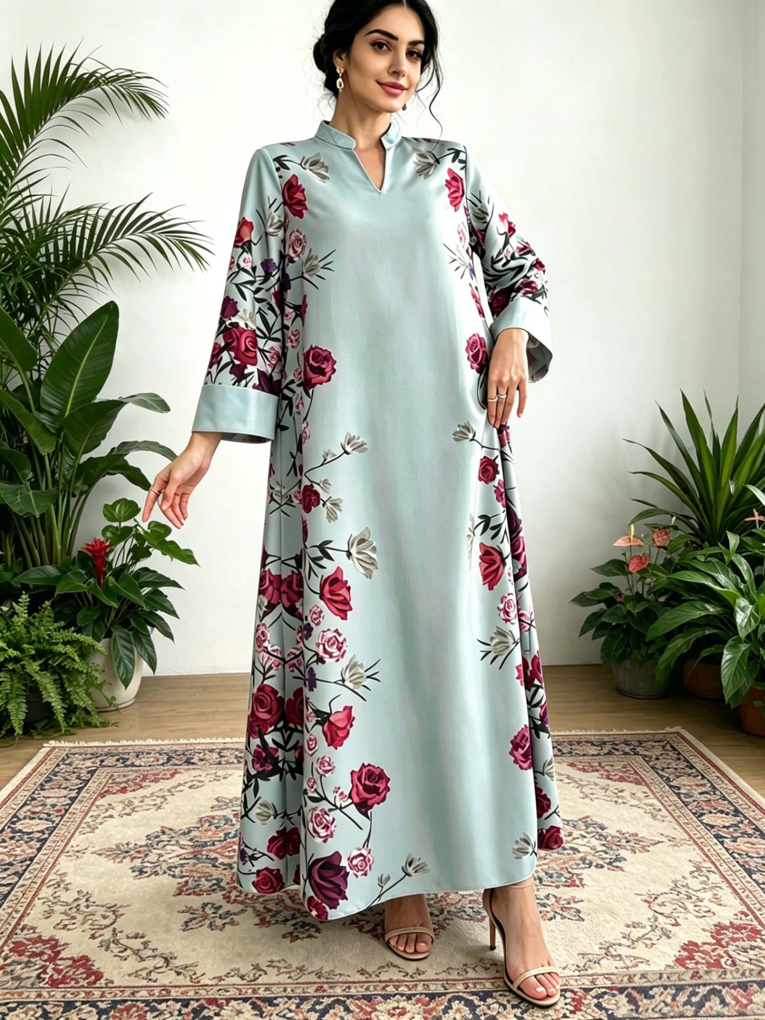 Multi-Color Floral Print Long Sleeves Jalabyia