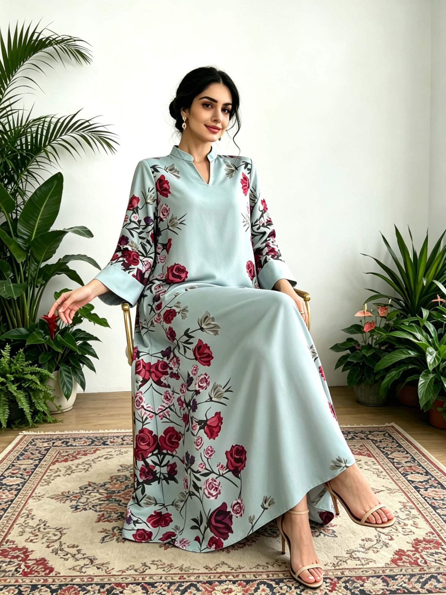 Multi-Color Floral Print Long Sleeves Jalabyia